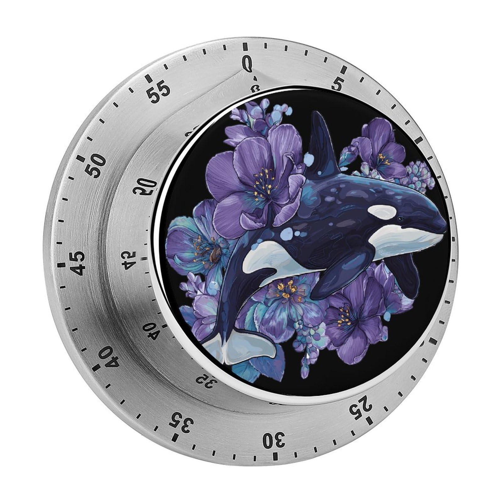 Killer Whale with Purple Flowers Mechanical Timer with Alarm for Kitchen Cooking Productivity Stainless Steel Timers