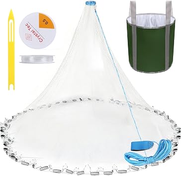 Handmade American Cast Net, Yeahmart Casting Fishing Net for Bait Trap Fish, Throw Nets with Zinc Sinker Weights for Freshwater & Salt Water 3/4/5/6/7/8 Ft, 1/2 Inch Mesh Size