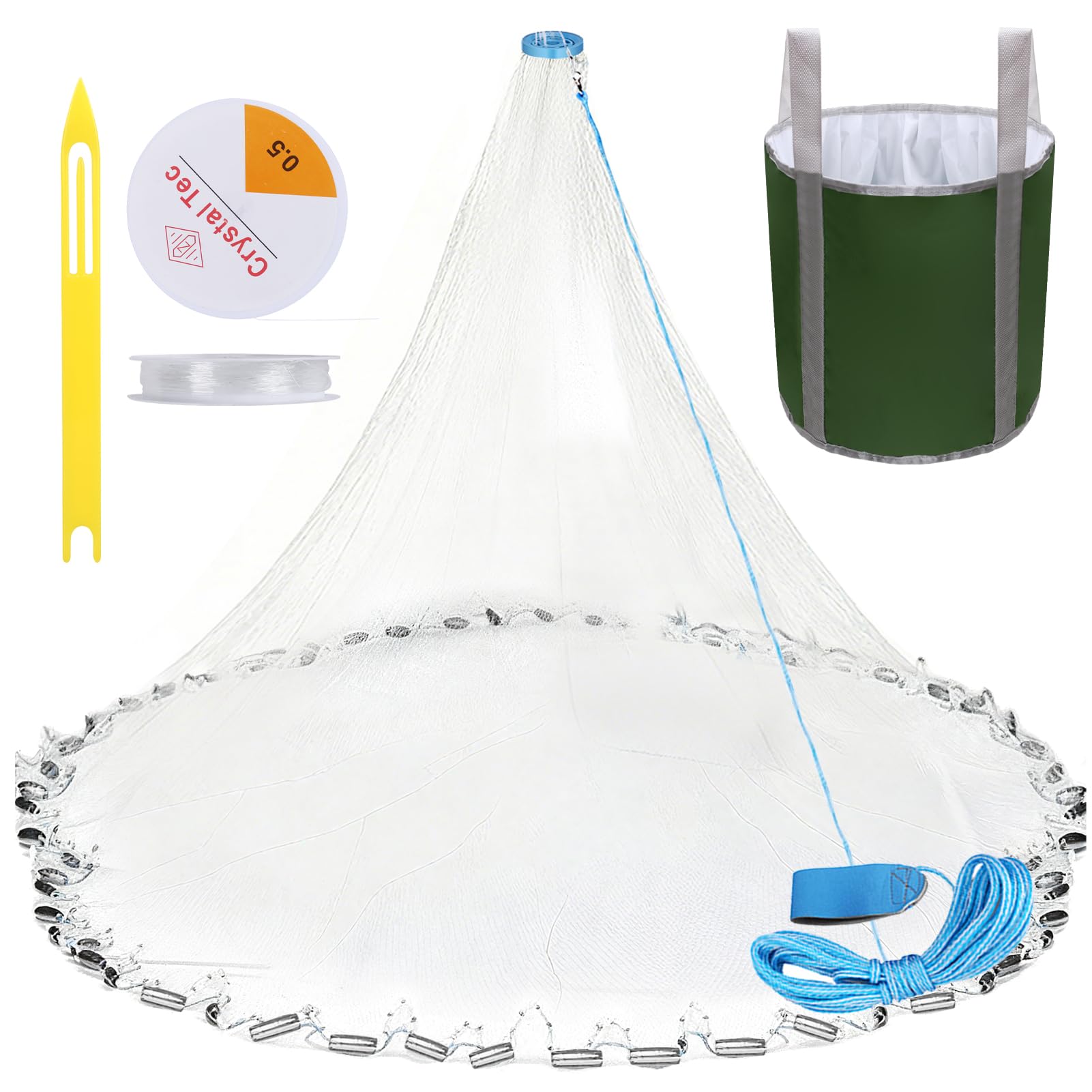 Handmade American Cast Net, Yeahmart Casting Fishing Net for Bait Trap Fish, Throw Nets with Zinc Sinker Weights for Freshwater & Salt Water (3/4/5/6/7/8 Ft, 1/2 Inch Mesh Size)