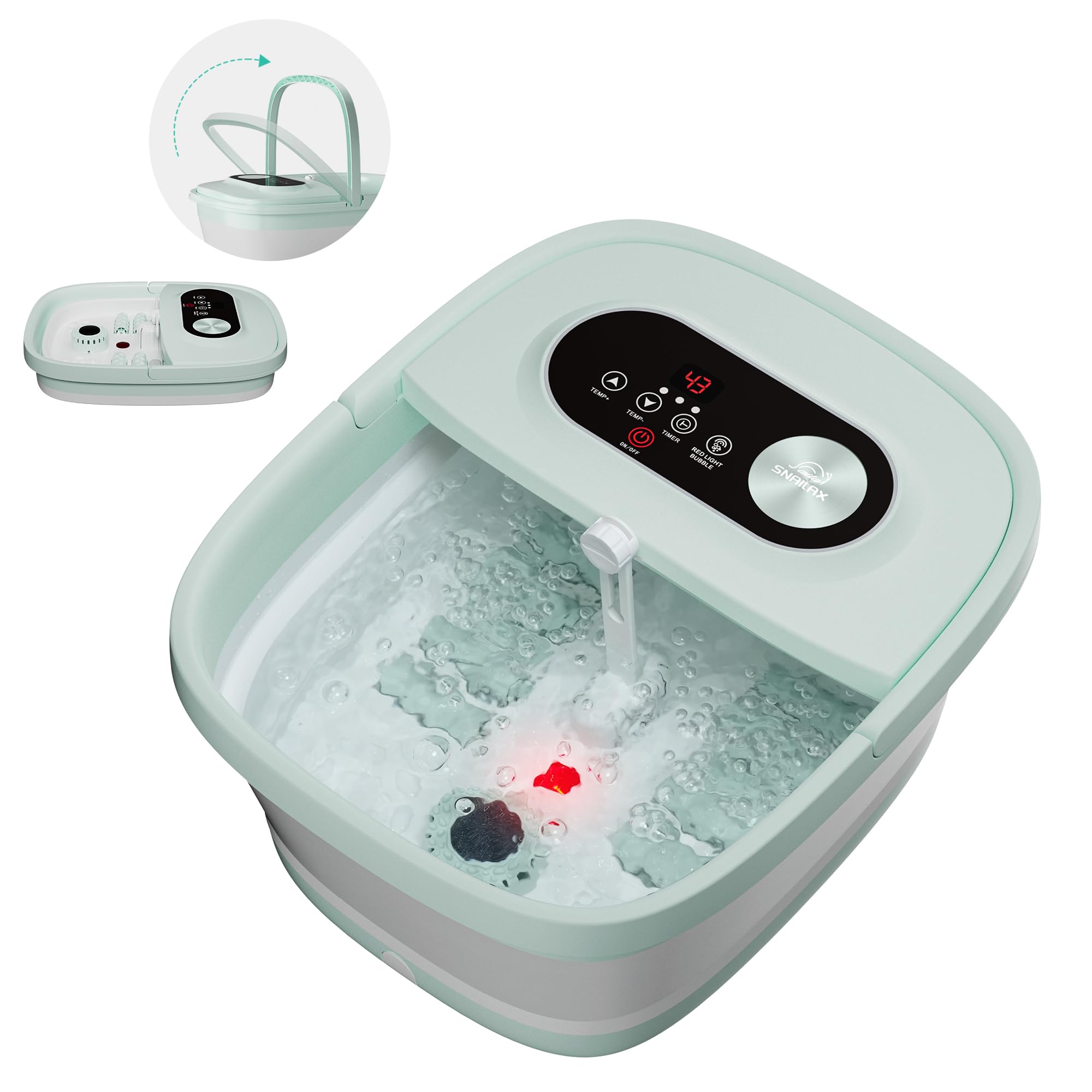 Snailax klappbares Fußbad mit Massage und Heizung, Fußsprudelbad mit 14 Heizstufen | Shiatsu-Rollen | Blasen | Rotlicht | Timer, Fußwanne elektrisch 35℃-48℃, faltbares Fußmassagegerät, Grün