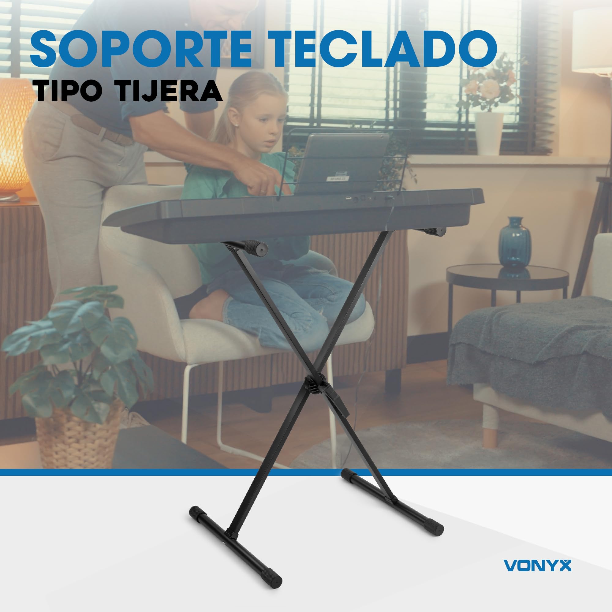 Vonyx KBS03 Soporte de teclado de piano con forma tijera X - Altura ajustable, plegable y portátil, acero resistente, gomas antideslizantes - Idóneo para músicos en el escenario, de viaje o en casa.