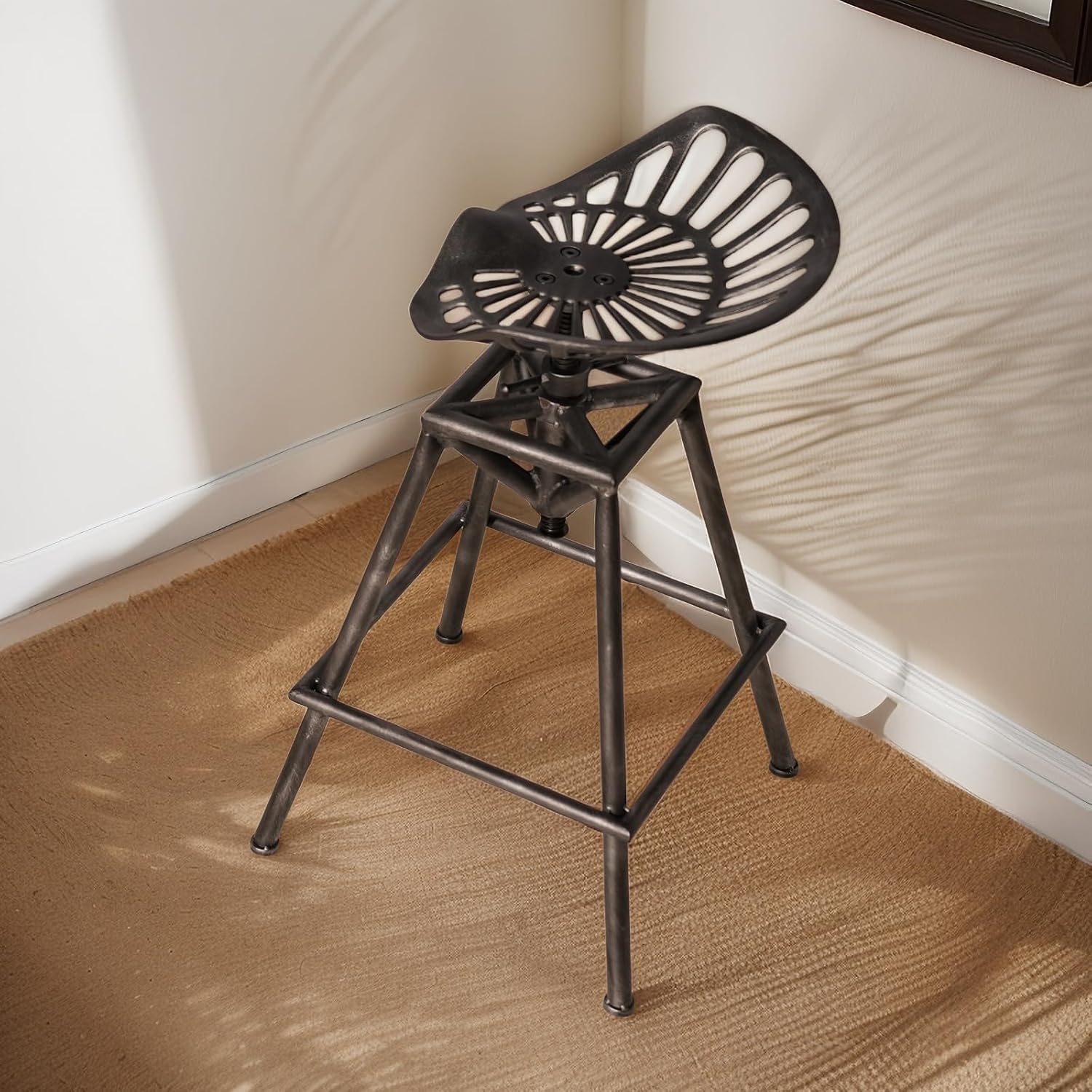 LOKKHAN Cast Iron Tractor Seat Bar Stool-27.5''-33.4'' Counter Bar Height Adjustable Swivel Metal Kitchen Breakfast Coffee Stool-Rustic Industrial Farmhouse Style-Base Welded,Matte Black,King Seat