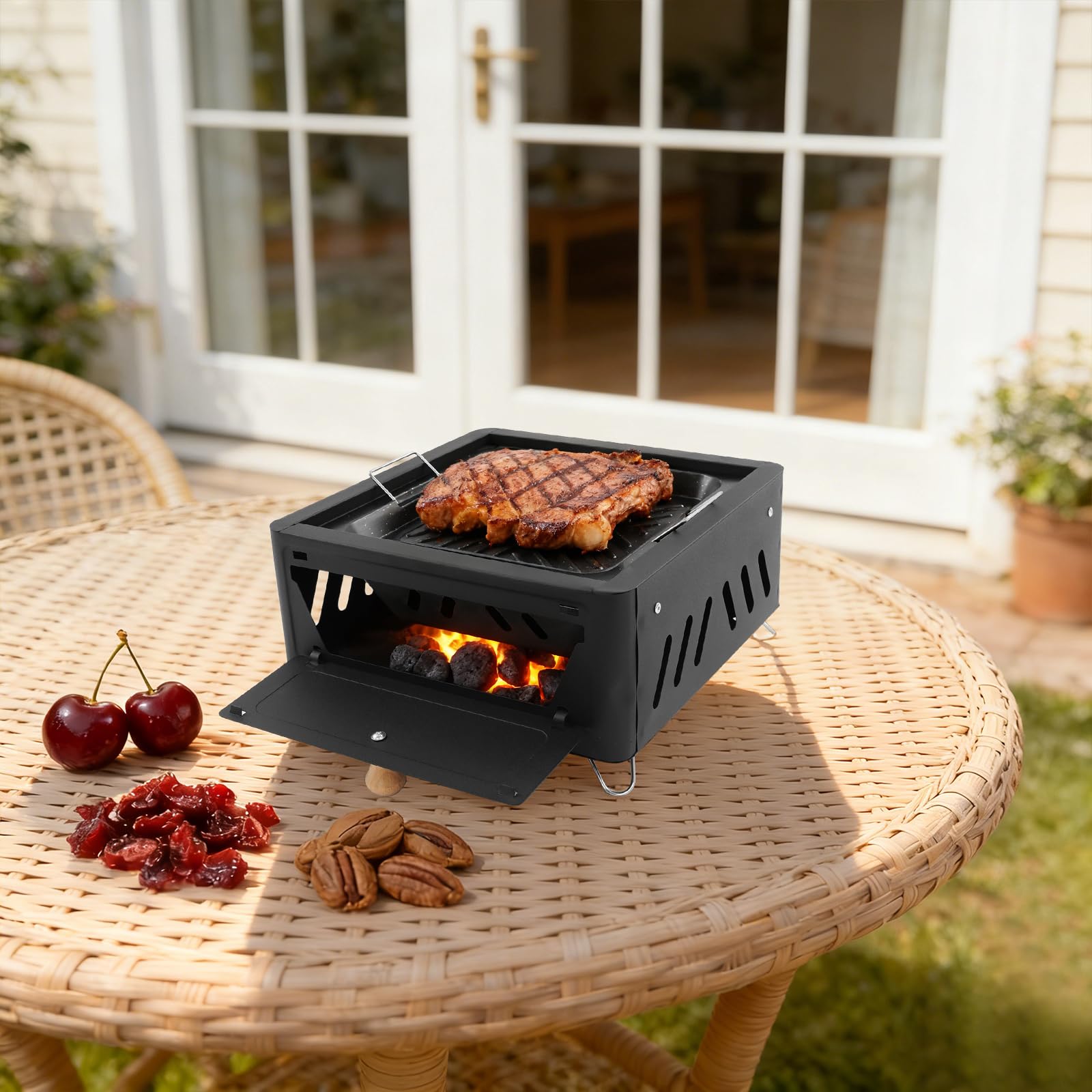 Przenośny grill stołowy na węgiel drzewny, kompaktowy grill outdoorowy z patelnią i torbą do przechowywania, dla 3-5 osób, ocynkowane żelazo, czarny, nowoczesny, idealny na imprezę w ogrodzie, kemping