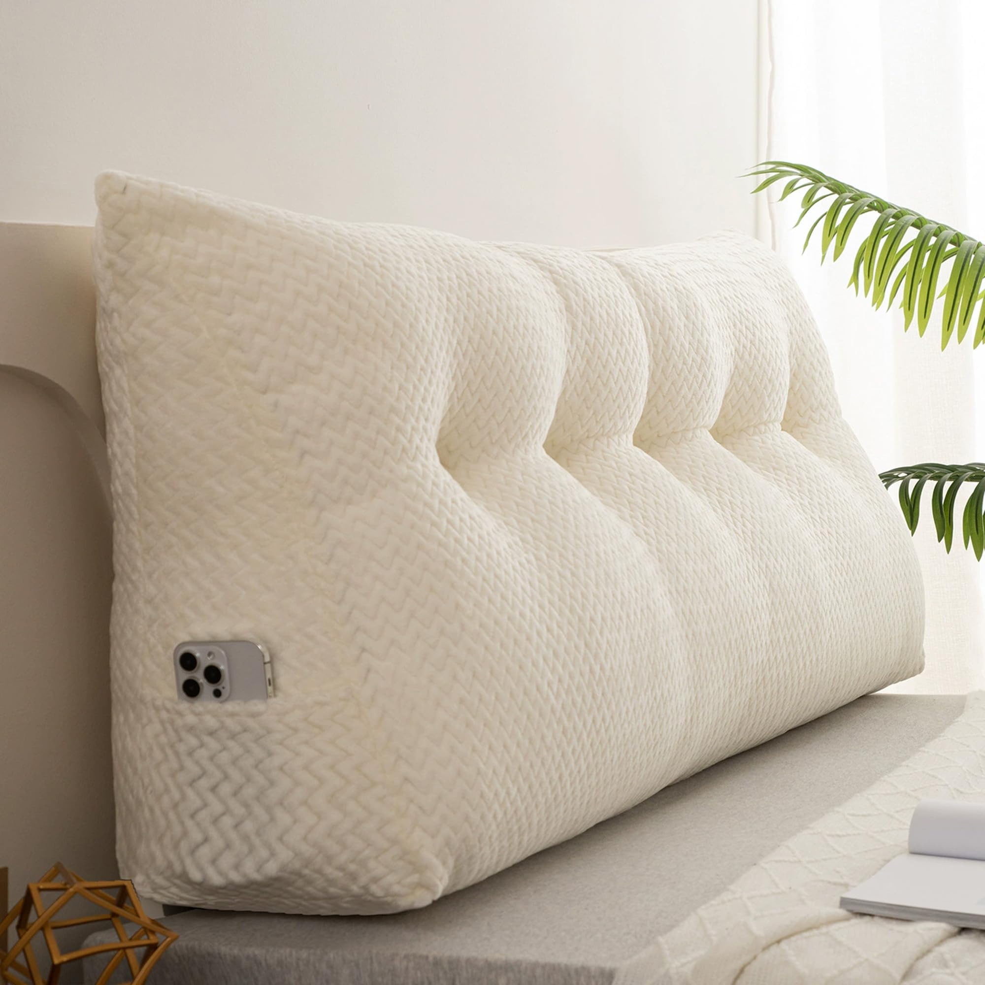 DUOLEH Backrest Cushion, Back Support Cushion with Zipper, Triangular Rest Reading Pillow, Wedge Headboard Backrest Headboard Bolster Support Pillow for Bed Sofa Chair (100x50x20cm,Off-white)
