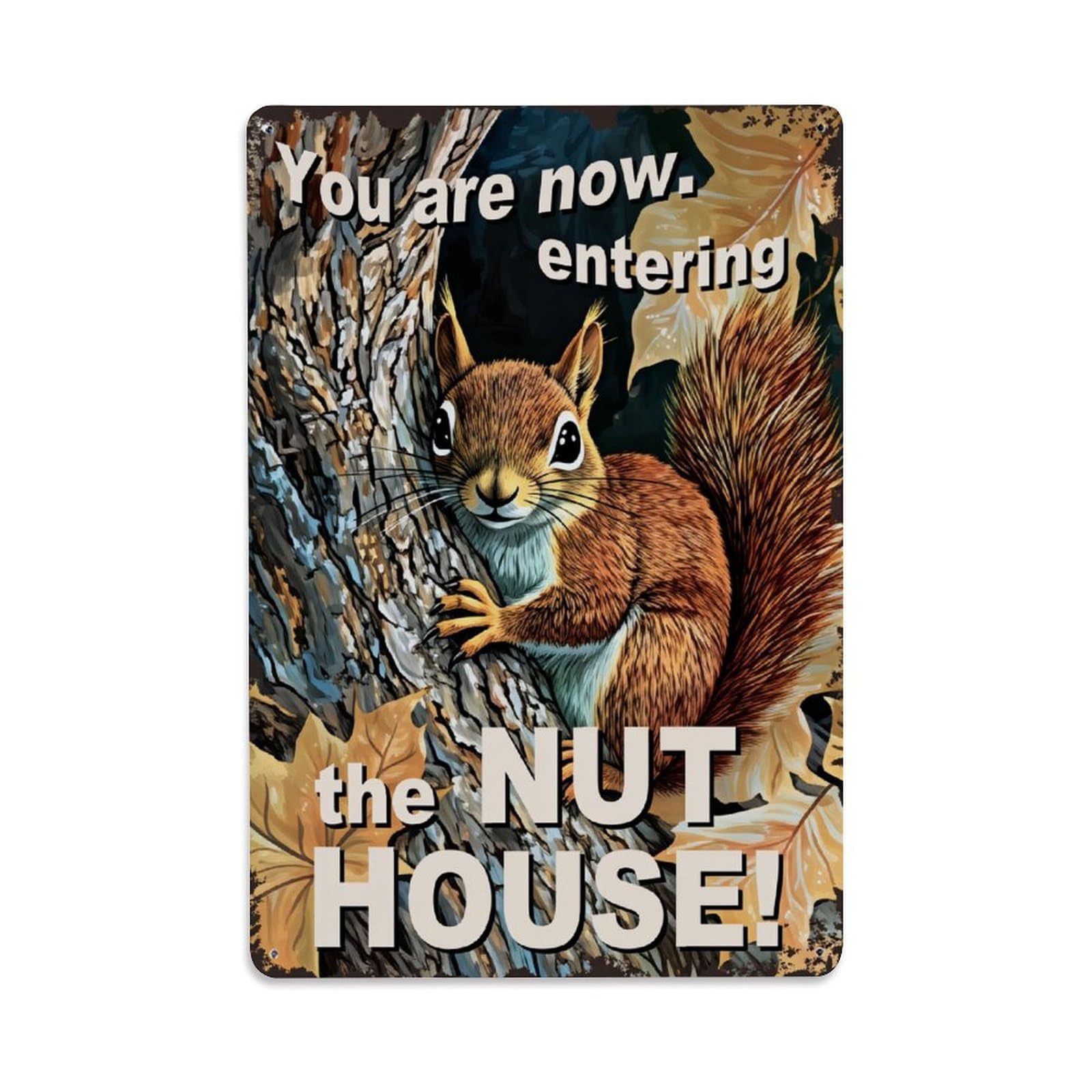 Squirrel Tree Leaves Nut House Tin Sign Vintage Metal Poster, Home Bar Garage Man Cave Cafe Indoor & Outdoor Wall Decoration 8x12Inches