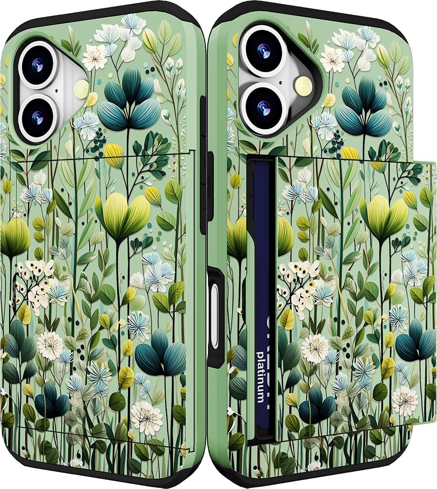 Size iPhone 16 Color Green Compatible for iPhone 16 Plus Case Cute with Card Holder Shockproof Slim Slot Phone Wallet Cover for Women/Green Leaves Botanical Flower Plants Tropical