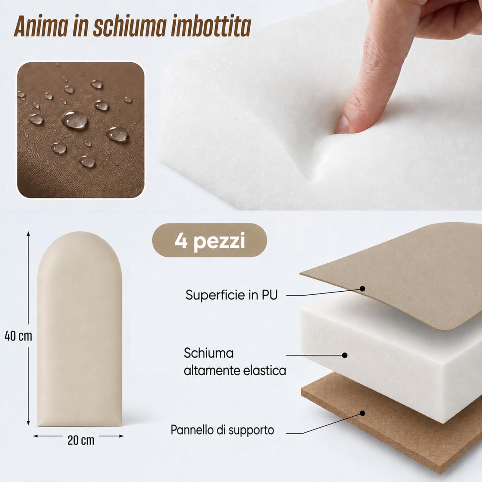 Pannelli da parete 3D, cuscinetti da parete autoadesivi, 4 pezzi, 20 x 40 cm, in poliuretano, impermeabili, per camera da letto, cameretta dei bambini (marrone caffè)