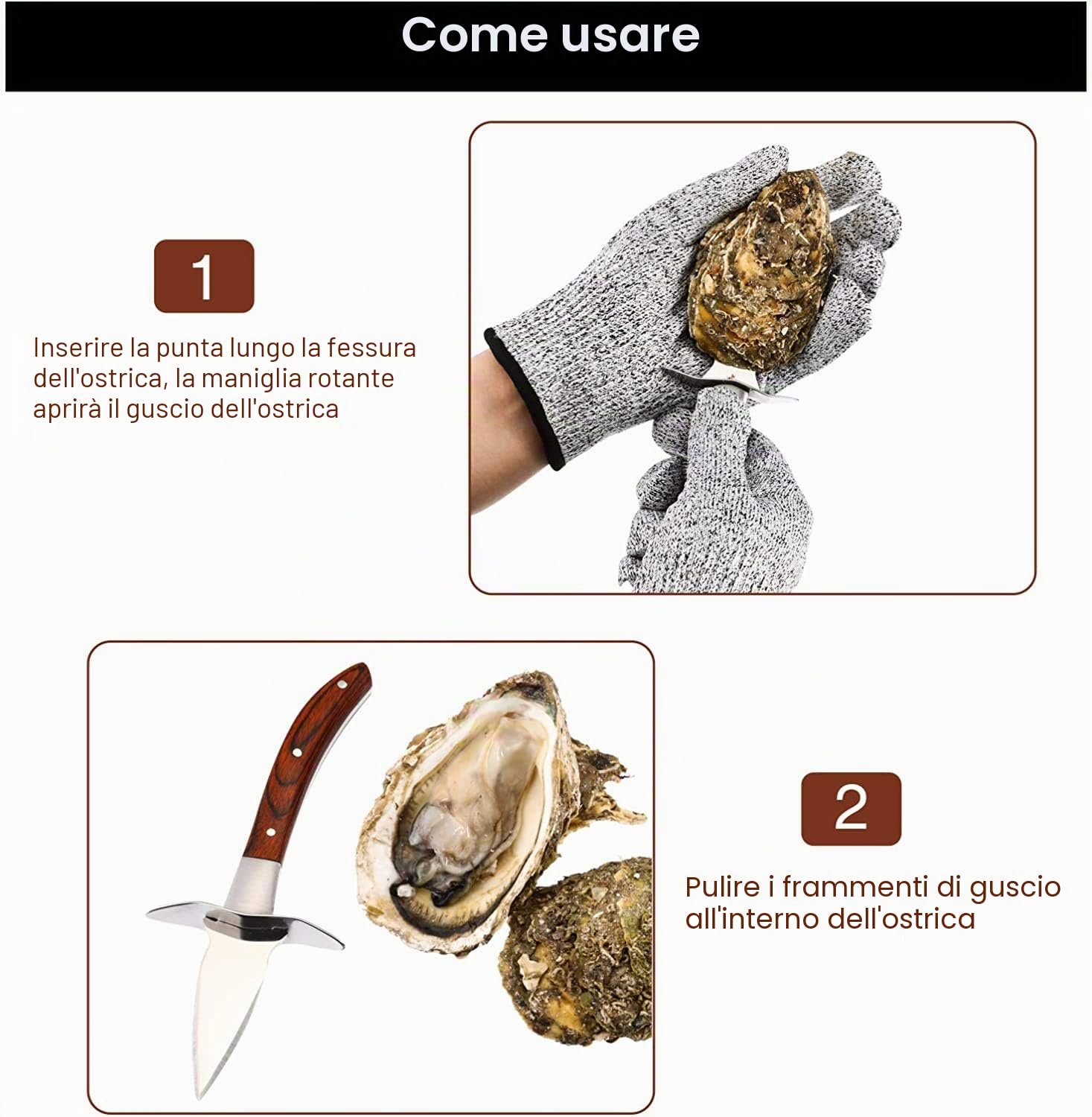 Set con coltello per ostriche e guanti resistenti al taglio, apricostriche, guanti protettivi per conchiglie o formaggi duri. Oyster Knife (cucina, giardinaggio, fai da te) (Nero, Medio)