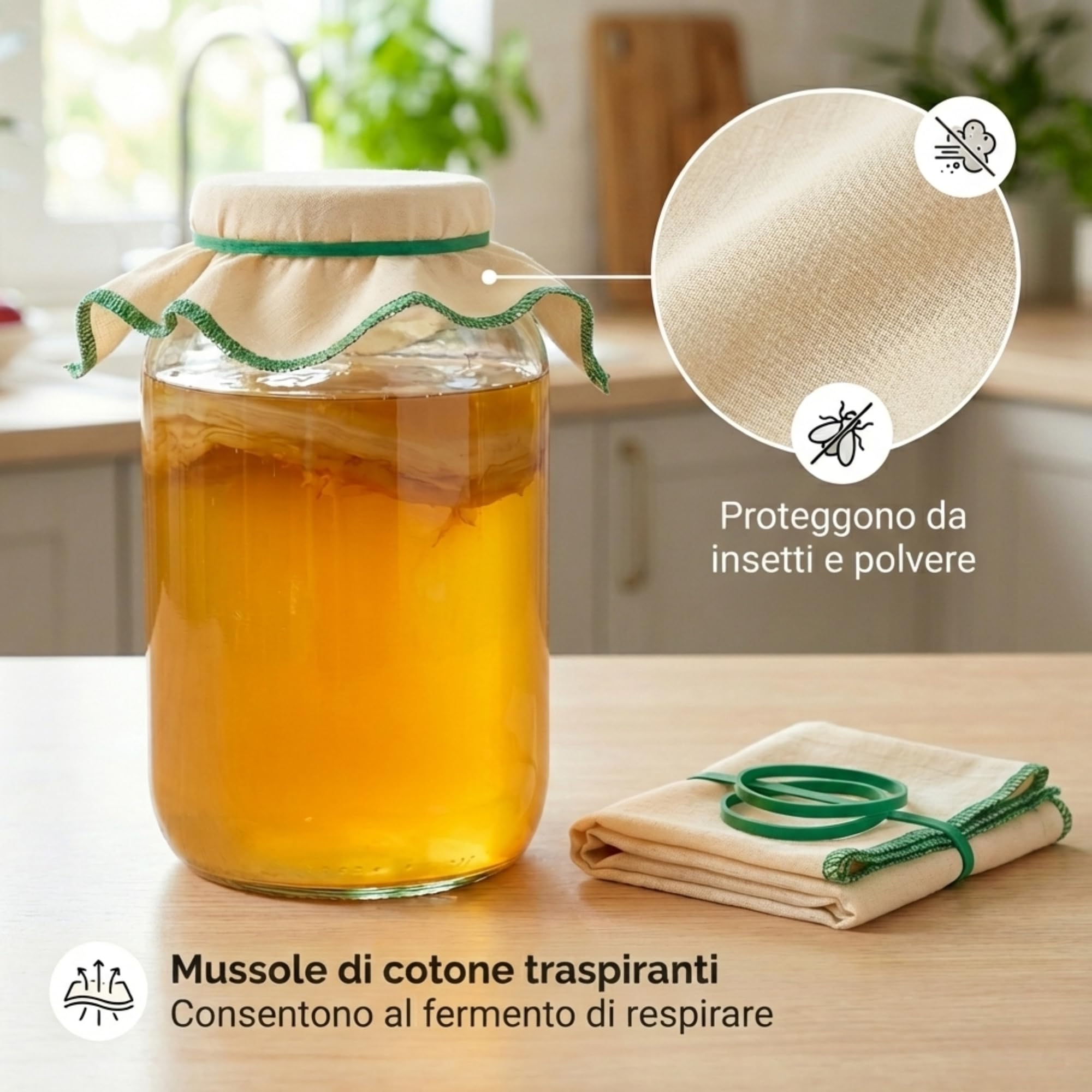 myFERMENTS Barattoli di Vetro Grandi con Coperchio 4,25l - 2 Contenitori a Bocca Larga, 2 Mussole 50x50cm, 2 Elastici - Vasetti Ermetici per la Fermentazione degli Alimenti - Kefir,Kombucha