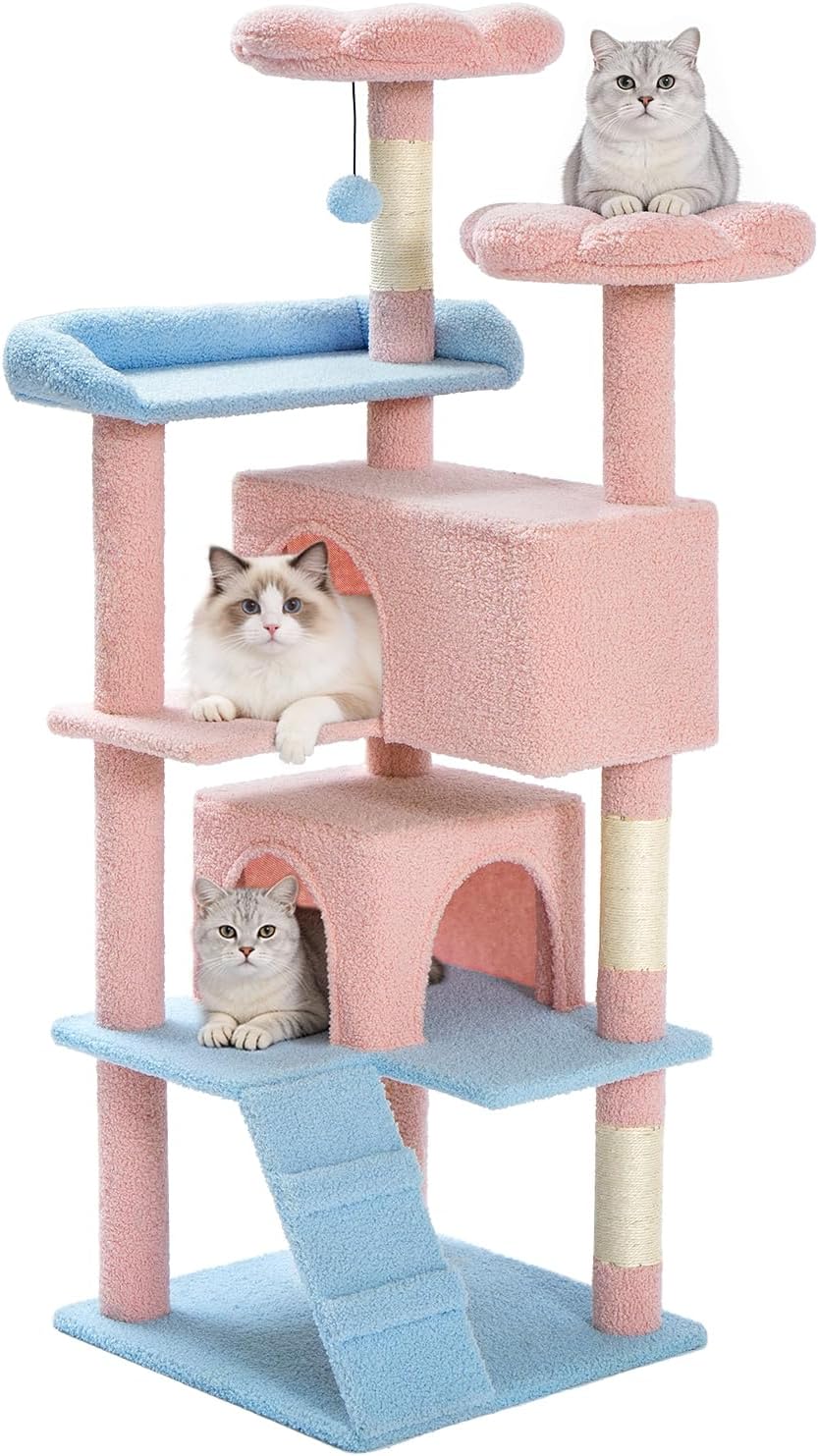 Cat Tree Tower 56in Cat Trees Multi-Level Cat Condos with Spacious Perch, 2 Cozy Condos, Scratching Posts, Climbing Ladder, Toy Ball, Durable Pet House Furniture for Indoor Kittens, Pink Blue Flower