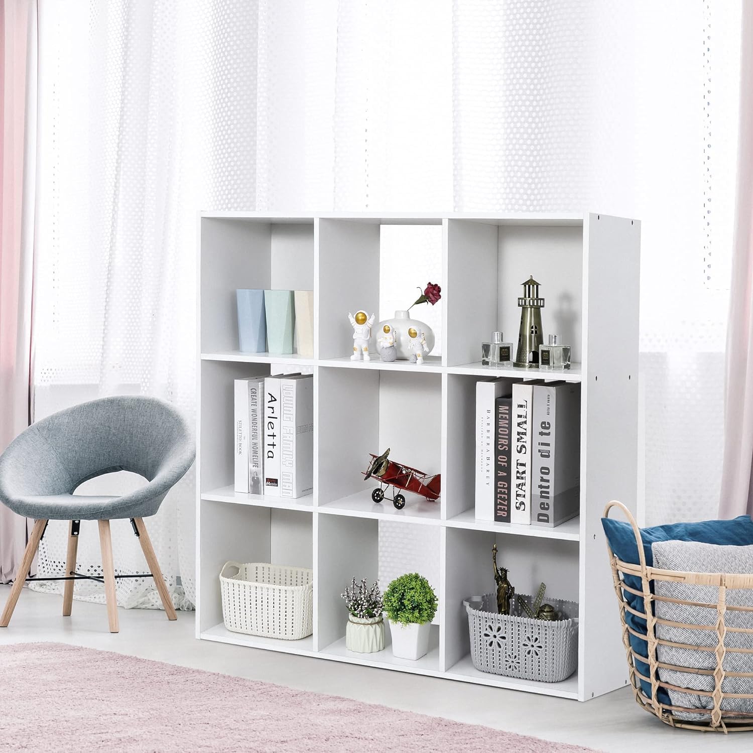 9 Cube Storage Organizer, Wooden Bookshelf Cube Storage, Freestanding Bookcase W/5 Removable Back Panels, Display Shelf Bedroom, Living Room, Home, Office, White