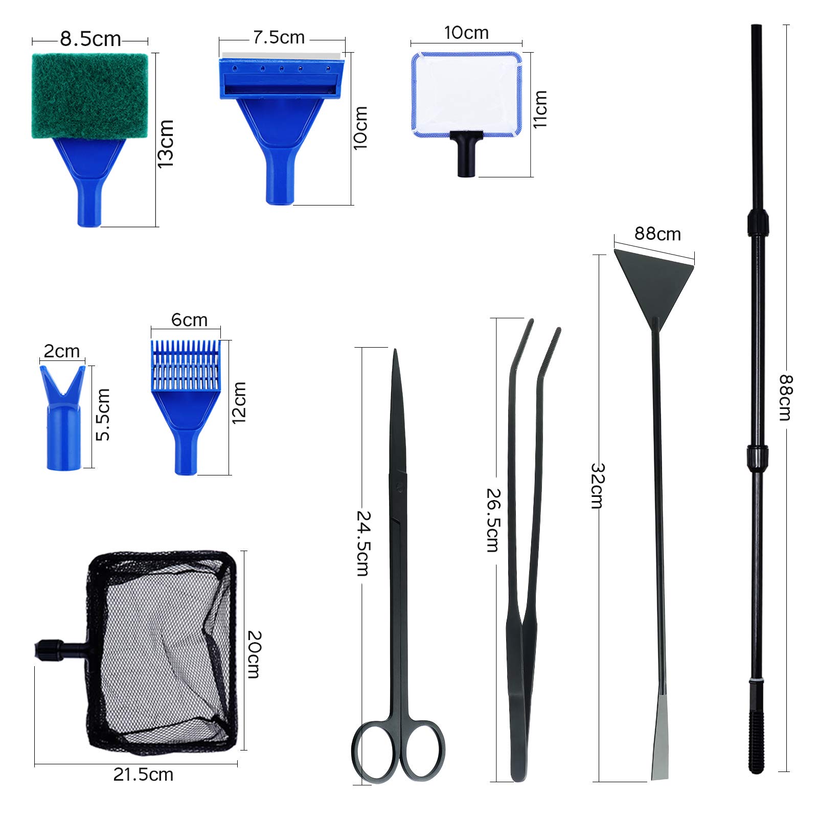 Kit D'outils de Nettoyage 9 en 1 pour Aquarium, épuisette de Poisson, Râteau, Fourche, Grattoir, éponge et Acier Inoxydable, Kit D'outils D'aquarium