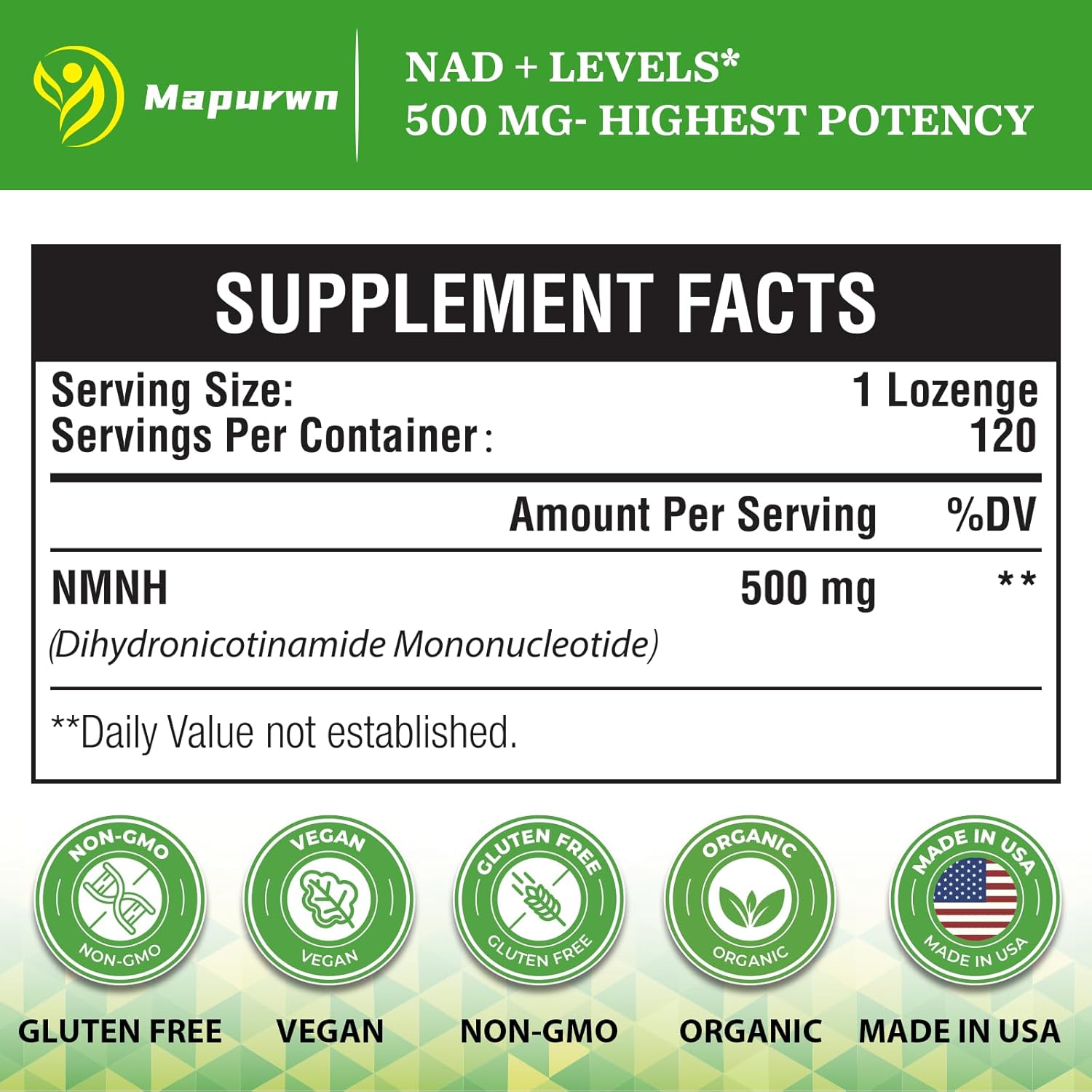 NMNH (Dihydronicotinamide Mononucleotide), NMN Supplement, 500mg per Serving NAD Supplement to Boost NAD+ Levels As We Age for Women & Men, Anti-Aging, Energy, Focus, 120 Count