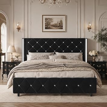 HOMBCK Full Size Bed Frame, Velvet Upholstered Full Bed Frame with Diamond Tufted Design, Silverside Wingback Headboard, No Box Spring Needed, Easy Assembly, Black