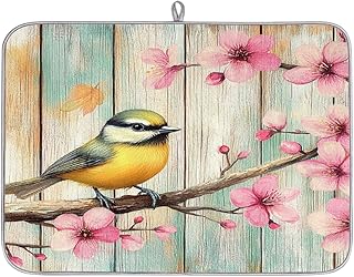 Wood Bird Cherry Flowers Super Absorbent Microfiber Dish Drying Mat Large 18 X 24 Inch Coffee Bar Mat Decorative Pad for Kitchen Counter