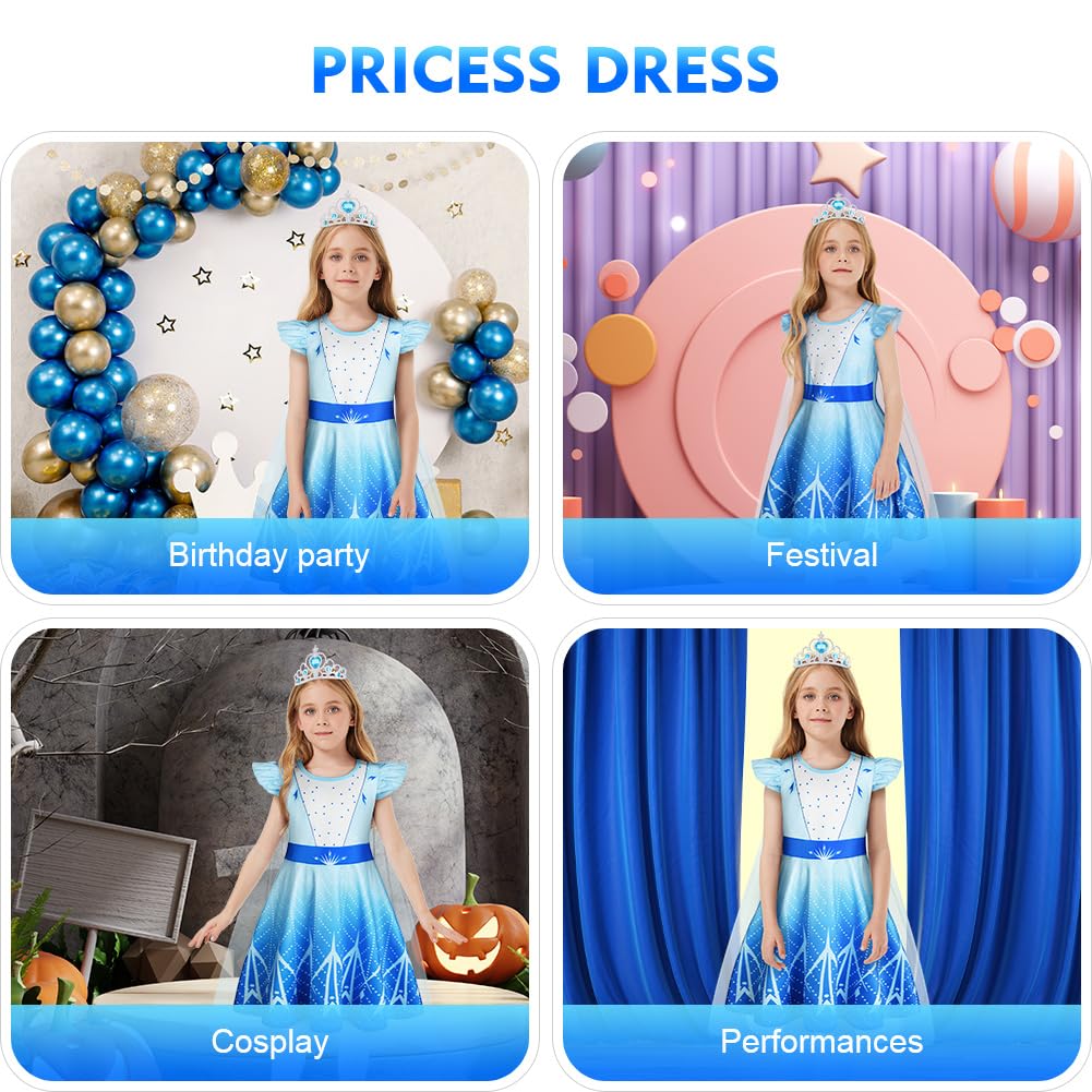 AOOWU Elsa kostium dziewczynki, Elsa dziecięca sukienka księżniczki, sukienka Elsa, zestaw z koroną, kostium księżniczki, sukienka z ruffle Sleeve na przebieranie się na karnawał, Halloween, Boże