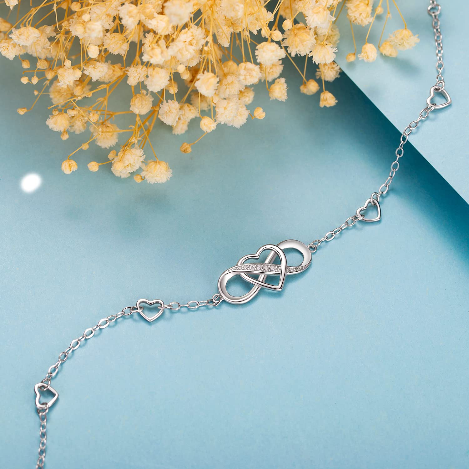 Tobillera de plata de ley 925 para mujer, pulsera de tobillo con corazón infinito, chapado en oro blanco, pulsera grande ajustable, regalo para mujer y esposa, Plata Esterlina, Circonita 4
