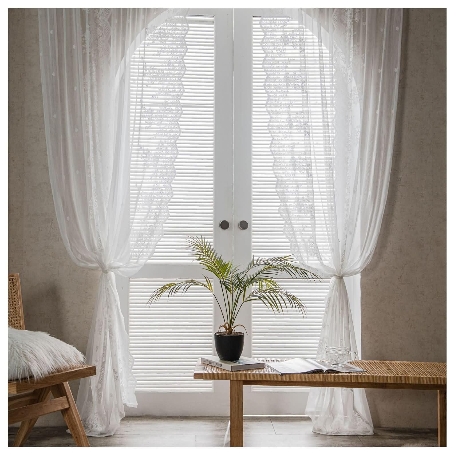 KnSam Tenda in voile con occhielli, colore bianco, vintage, in pizzo, semitrasparente, in voile, poliestere, 130 x 280 cm (larghezza x altezza)