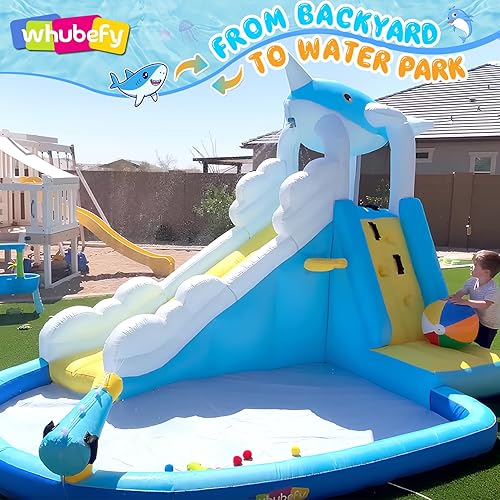 Miniatura 2 de Whubefy Tobogán acuático inflable para niños, parque acuático inflable con cascada de cocodrilo, tobogán acuático y gran piscina de chapoteo, pared