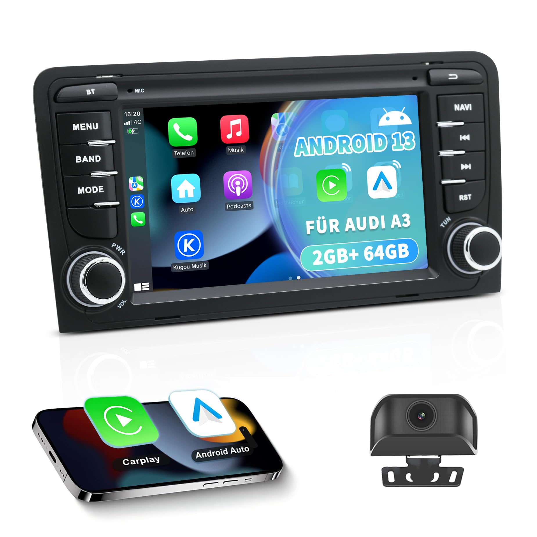 Autoradio Android 13 per Audi A3/S3/RS3 8P (2003-2012), touchscreen HD da 7 pollici, CarPlay/Android Auto wireless, Navigazione GPS, Wi-Fi, Bluetooth + Telecamera posteriore HD, Comandi al Volante