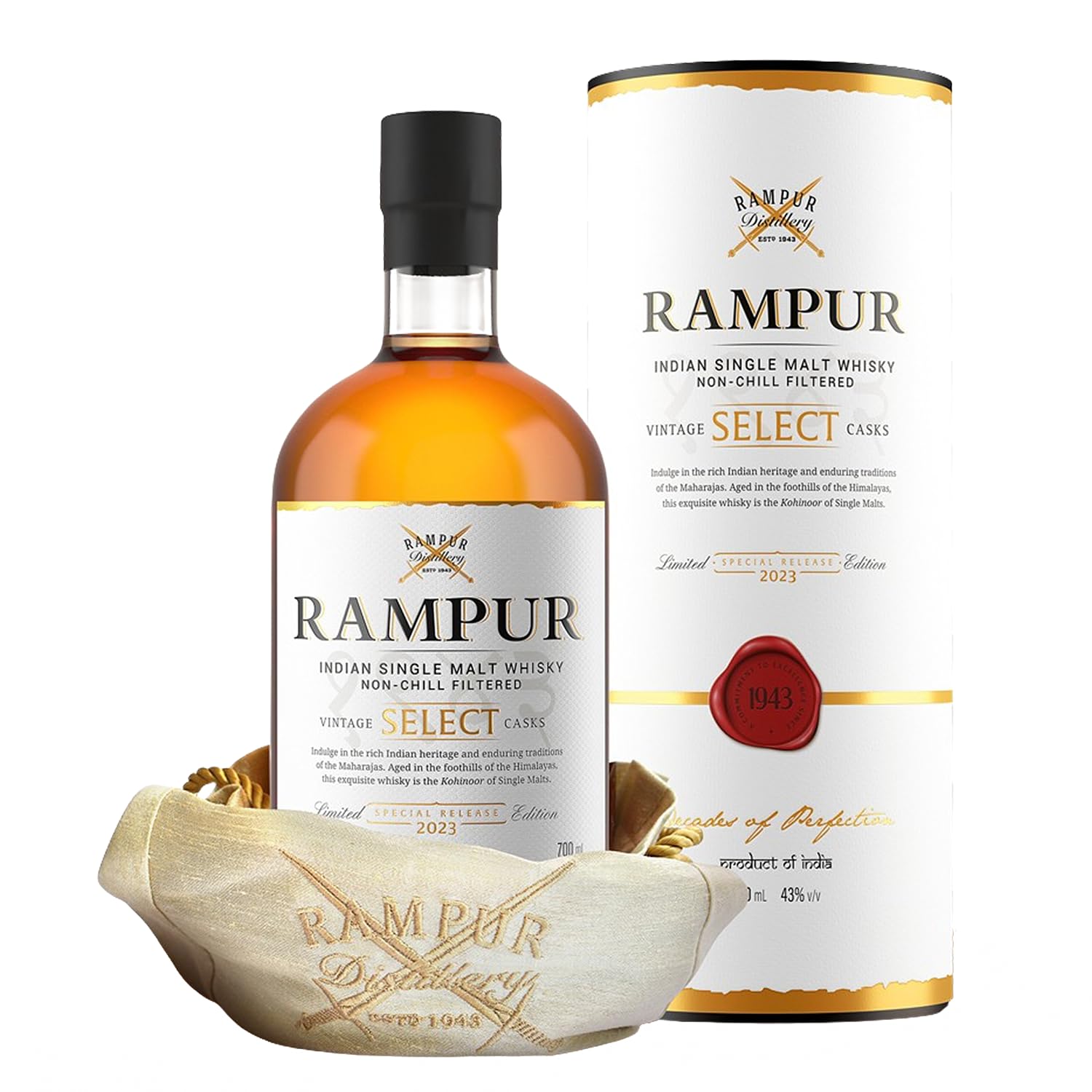 Rampur Vintage Select 2023 Edition Cask Malt Whisky - 43% Alkoholgehalt - Whisky Einzelflasche 70cl | Premium Indischer Non-Chill Filtered Cask Strength Whisky | Sanfter Select Cask Single Malt Whisky