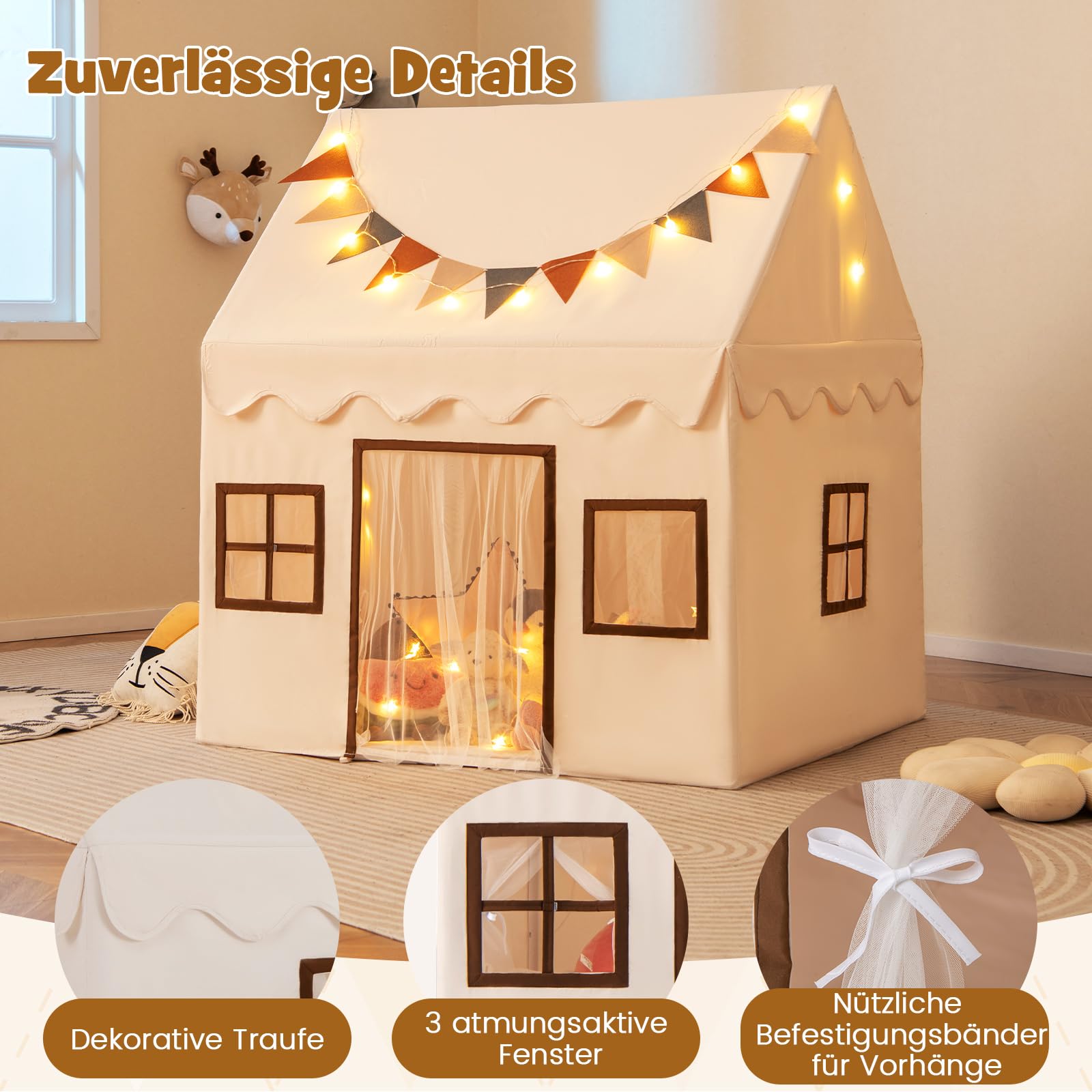 DREAMADE Spielzelt für Kinder mit Lichterkette und gepolsterter Matte, Tipi Zelt Kinder Spielhaus mit Fenstern, Kinderzelt für Jungs und Mädchen für Indoor und Outdoor (Beige+Braun)