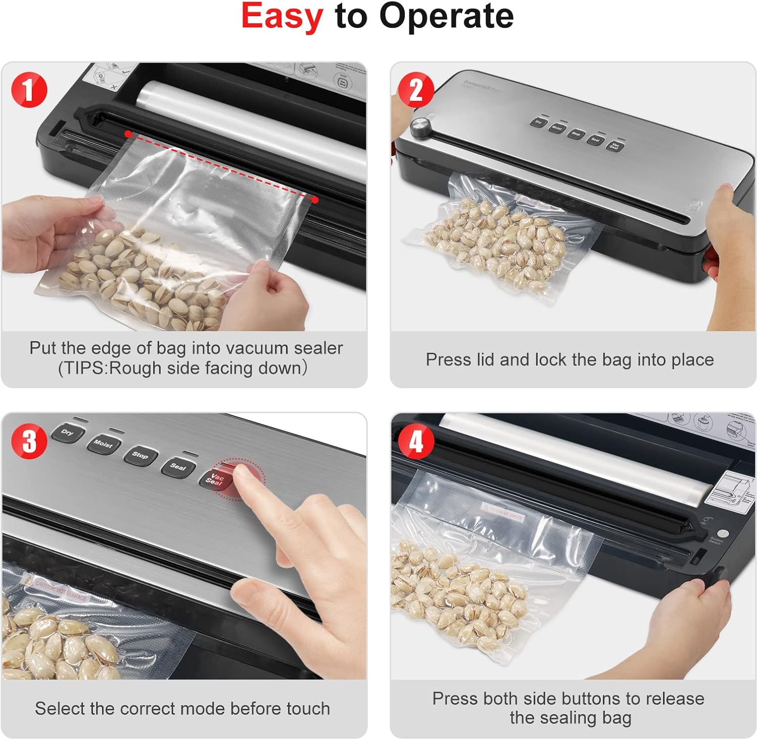 Bonsenkitchen Vacuum Packing Machine for Foods, Vacuum Sealer with Built-in Cutter for Both Wet and Dry Foods, Vacuum Roll Bags Included