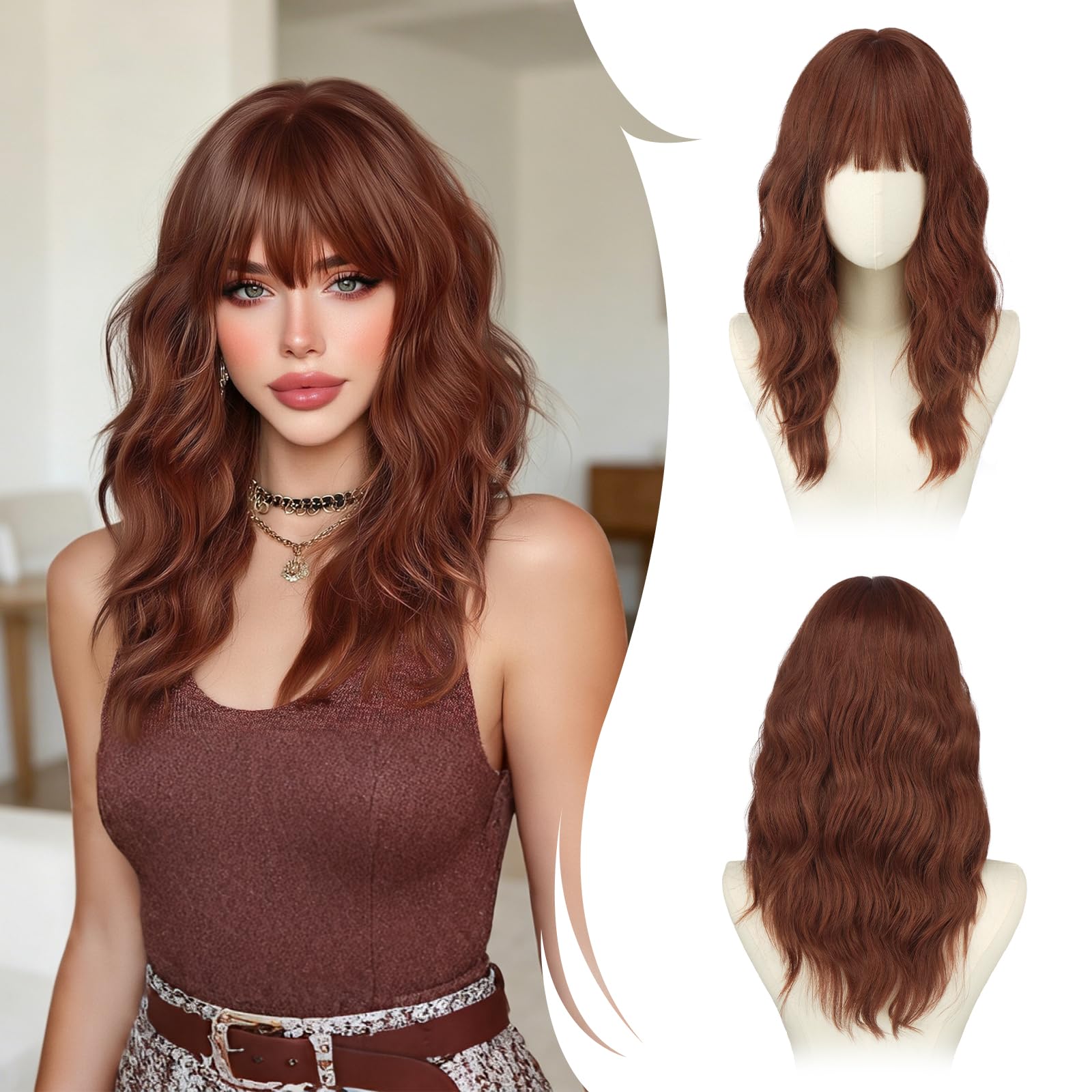 RUWISS Peluca Verde Apagado Ondulada con Flequillo para Mujer, 50 cm Shoulderlongitud Peluca de pelo Sintético en Capas Pelucas con Volumen Natural para Diario y Fiesta — view 17