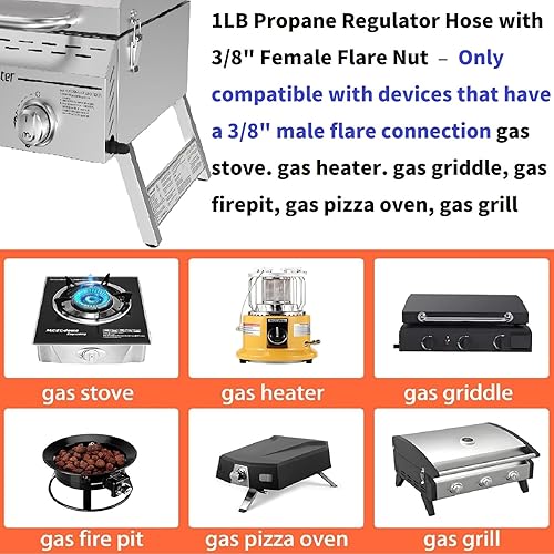 Miniatura 6 de MCAMPAS Regulador de gas propano de 1 libra de baja presión con manguera de 5 pies, tuerca de 38 pulgadas hembra para conversión de tuberías a la