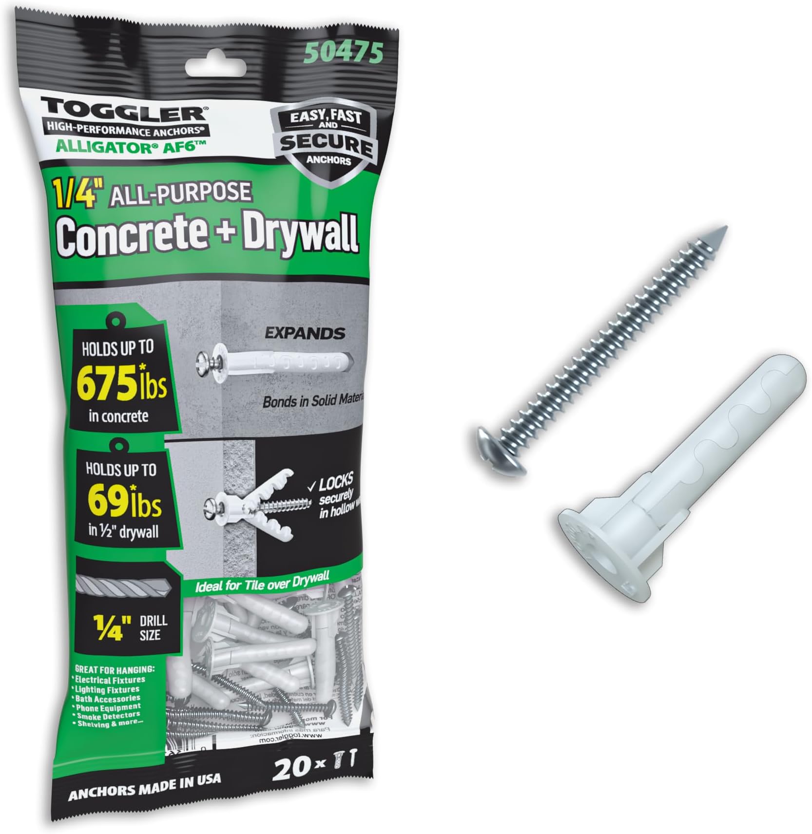 ALLIGATOR AF6 Flanged Anchor with Screws, Polypropylene, Made in US, For #6 to #12 Fastener Sizes (Pack of 20)