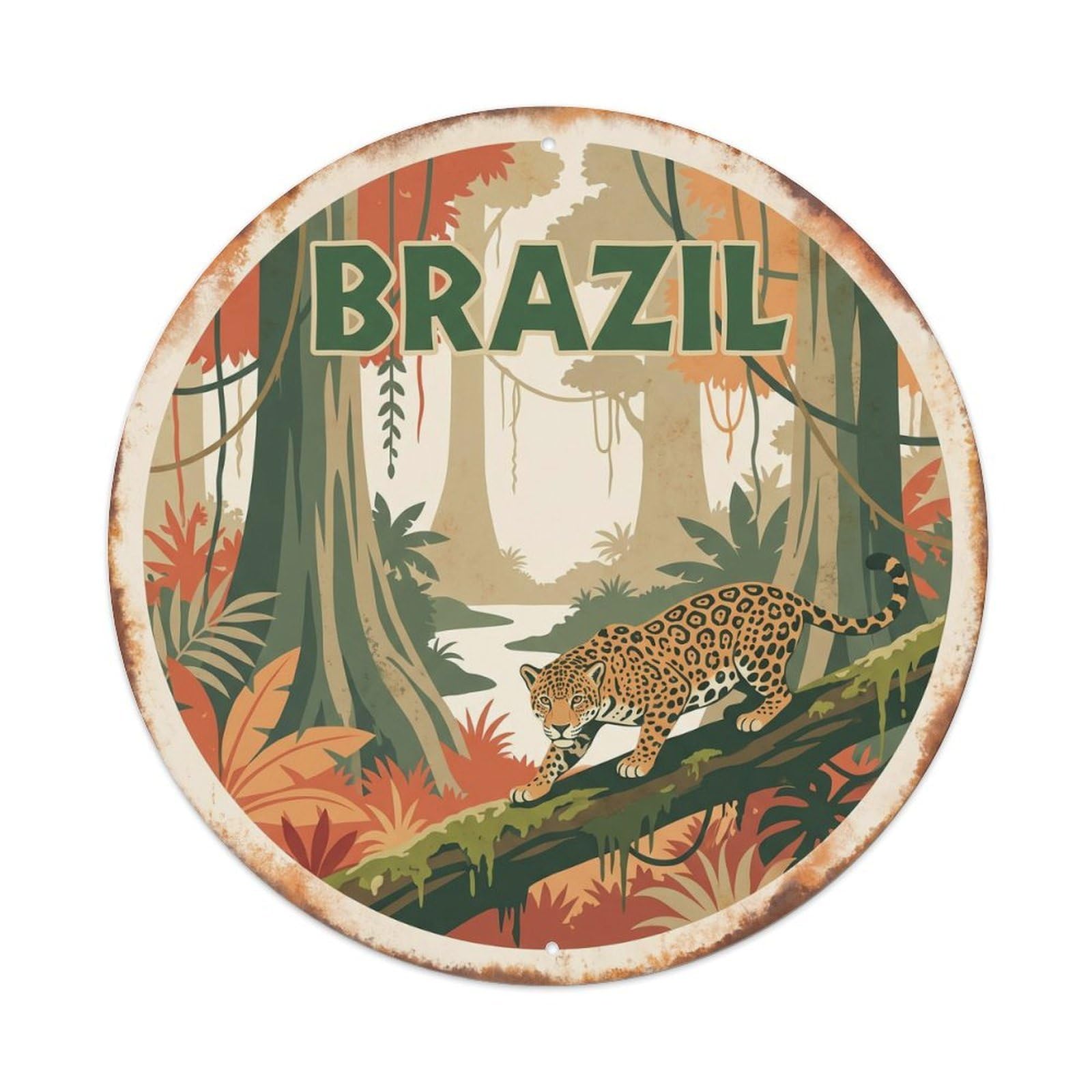 Vintage Brazil Jaguar Amazon Rainforest Metal Tin Sign