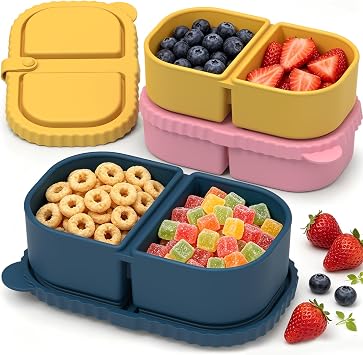 ICEROYCE 3 Pack Silicone Snack Containers for Kids, 2 Compartment Lunch Box