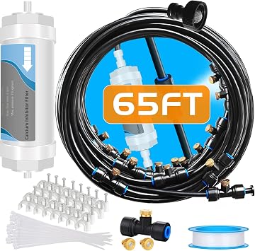 Misting System with Water Filter - Upgraded Signice 65 Ft 20M Line & 15 Brass Mist Nozzles Outdoor Misters for Patio Cooling Mister Systems Kit for Outside Garden Backyard Greenhouse Black