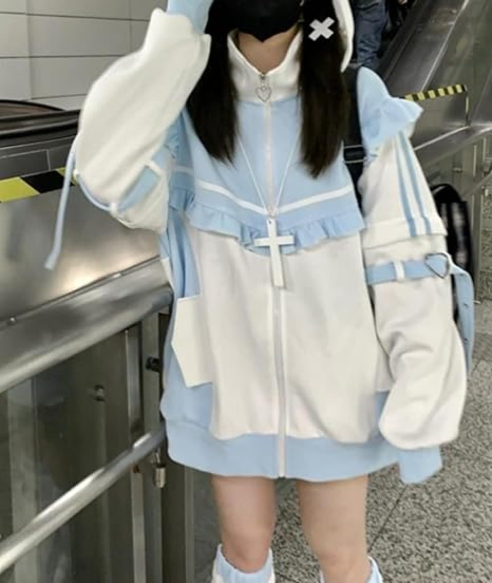 Pokn Tenshii Kawaii Hoodies Jirai Kei Fashion Cute Cat Ears Clothes Oversized Zip Up Hoodie Gothic Top