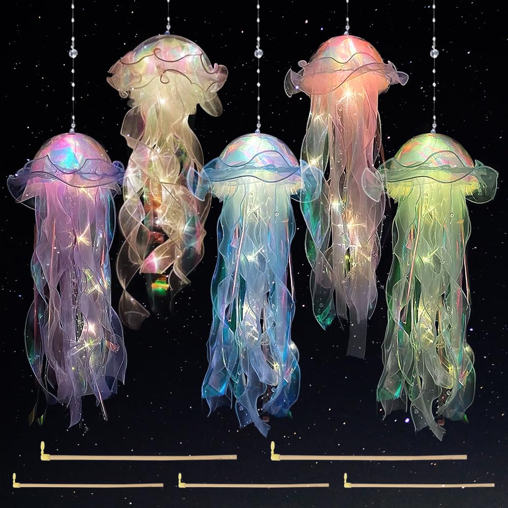 LUFEIS 5 Pcs Jellyfish Lamp in 5 Colors, Battery Powered Led Jelly Fish Light Lamp, Creative Jelly Fish Decoration, Atmosphere Glowing Jellyfish Lantern for Baby Shower Home Birthday Ocean Theme Party