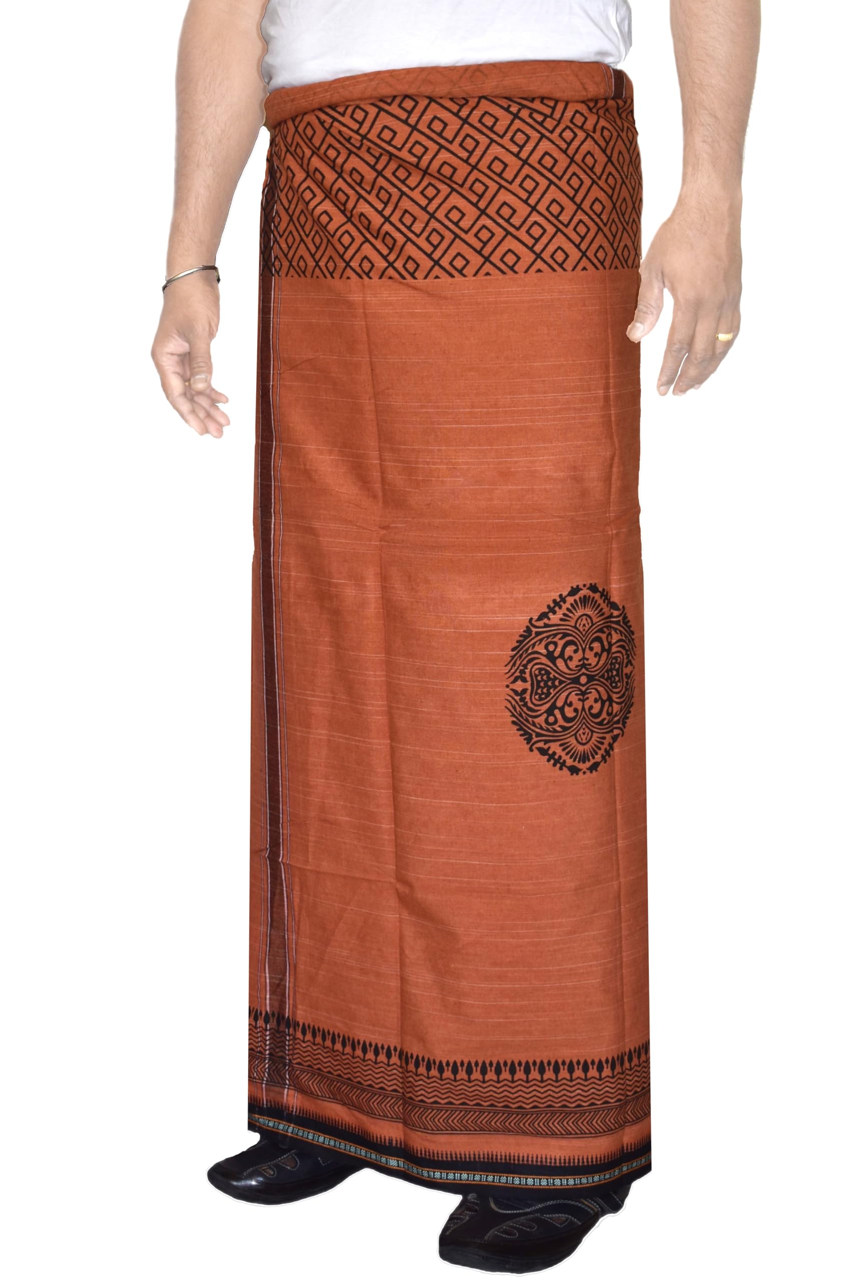 tuni mani Men's Pure Cotton Dhoti with Elegant Decorative Border & Double Top Printed Design | Traditional South Indian Vesti/Mundu | Length 2.0 Metres, Height 1.22meter-picture-5