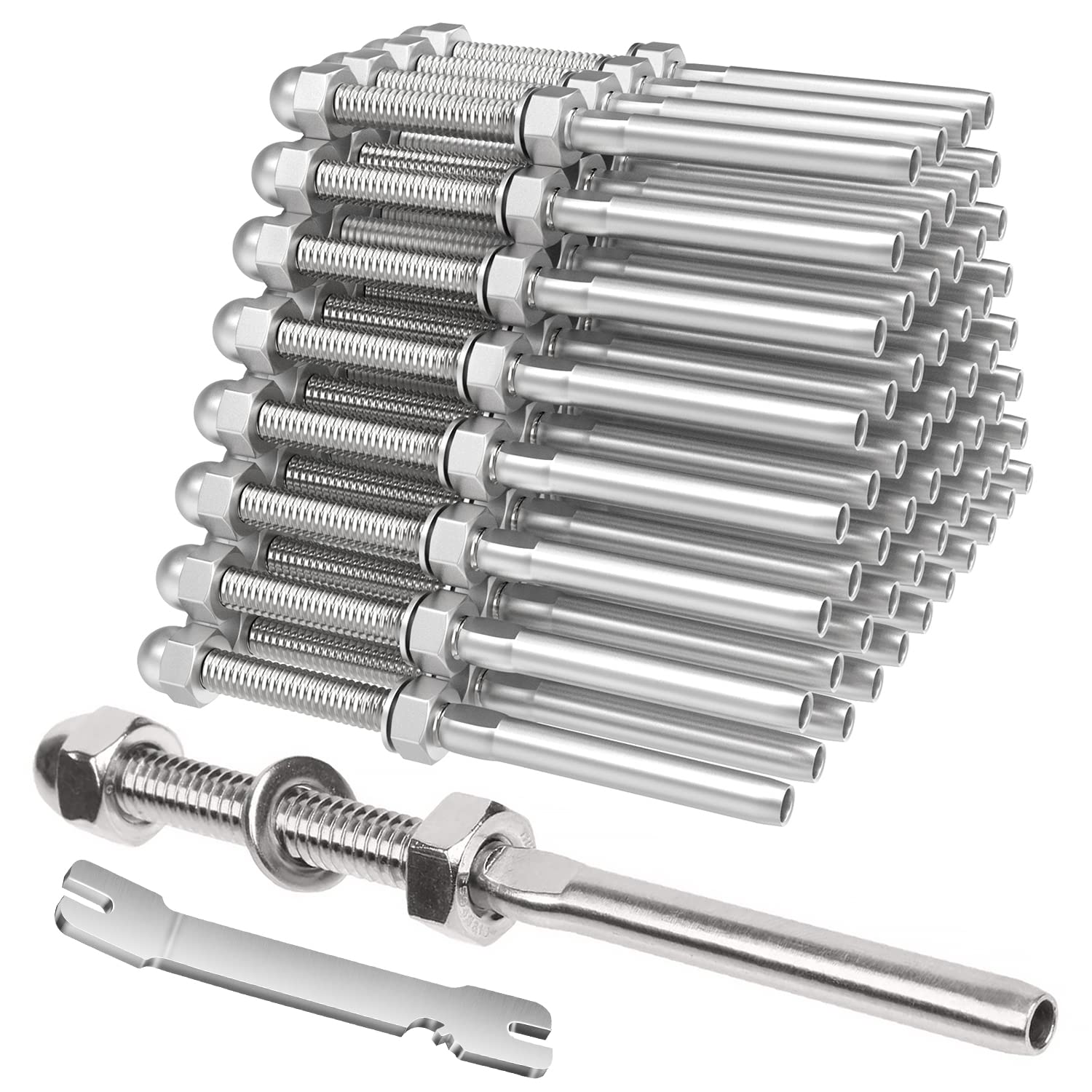 BLIKA 60 Pack Cable Railing Swage Threaded Stud Tension End Fitting Terminal for 1/8" Cable Deck Railing, T316 Stainless Steel, Swage Threaded Terminal for 2"x2" Wood/Metal Posts