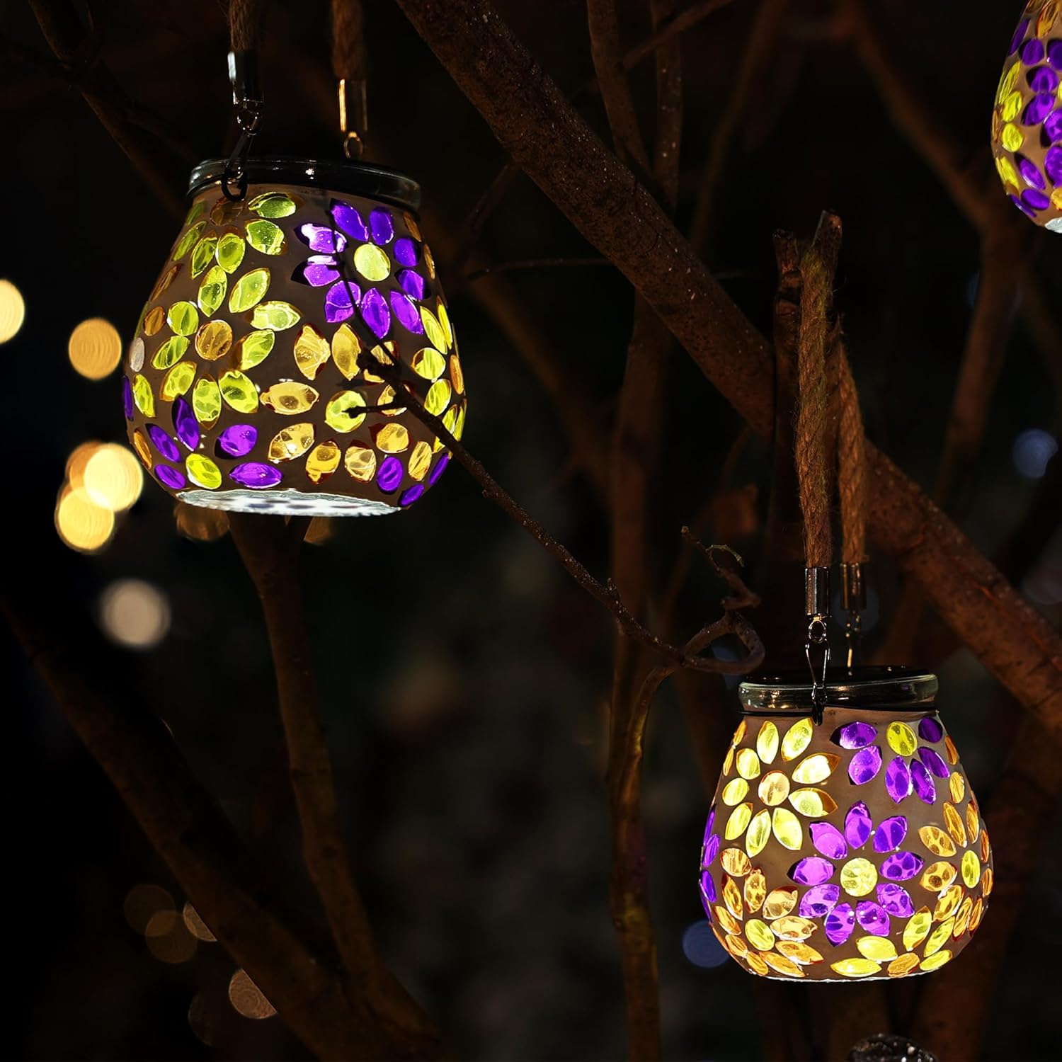 Cooo 2 Pack Valentines Day Gifts for Him Her Mosaic Solar Lantern Outdoor Waterproof IP68 Hanging Projection Light Hidden Lid Pear-Shaped Lantern with Rope Handle Solar Powered Auto On -Petal Mirage - Image 4