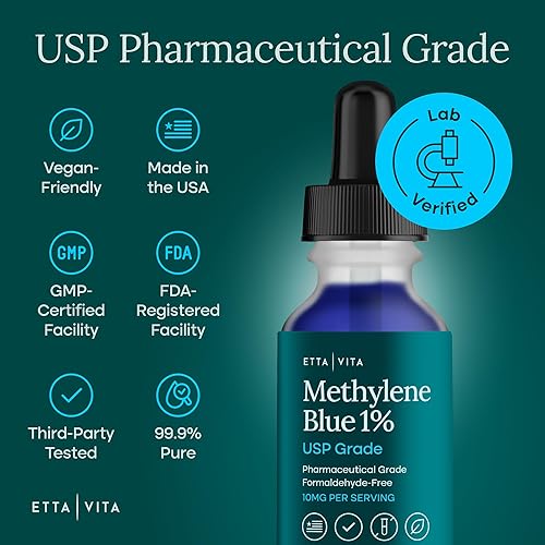 Miniatura 3 de Gotas de Azul de Metileno - Grado Farmacéutico USP 99.99% Puro Solución al 1% para Energía, Enfoque, Claridad, Cognición y Apoyo Celular - Probado
