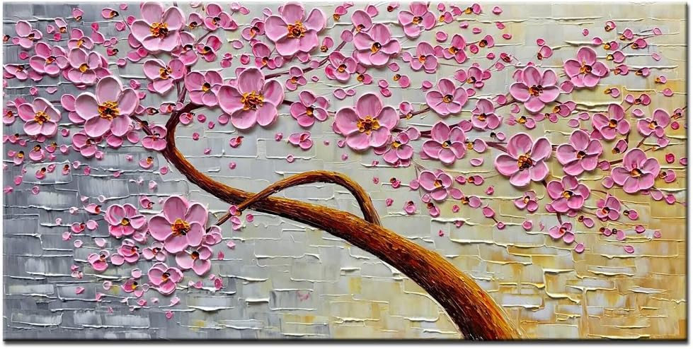 Okbonn-100% Hand Painted 3D Oil Paintings on Canvas Large Modern Abstract Wall Art Texture Picture Purple Pink Plum Blossom Art for Living Room Bedroom Wall Decor (24X48 inch)