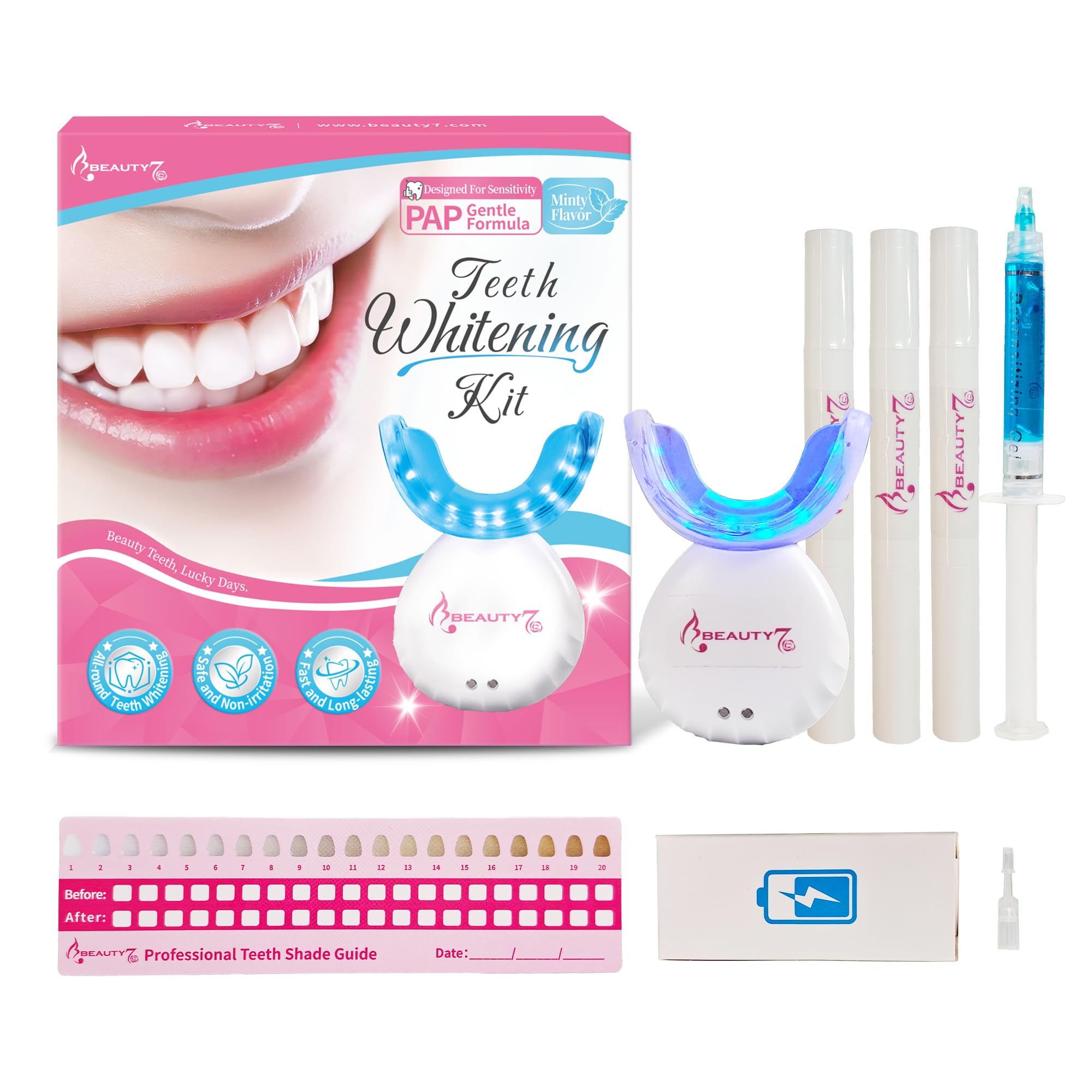 Beauty7 Kit Sbiancamento Denti Gel e Lampada Sbiancante LED con 3 Gel Riutilizzabili Kit Sbiancamento Denti Domestico, Cura Sbiancante Denti Sorriso Orale Luminoso