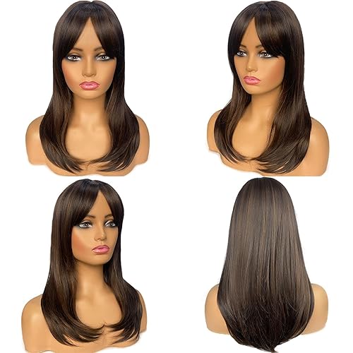 Miniatura 5 de Pelucas largas en capas para mujer, cabello mixto marrón con reflejos, pelucas con flequillo, longitud hasta el hombro, peluca sintética para