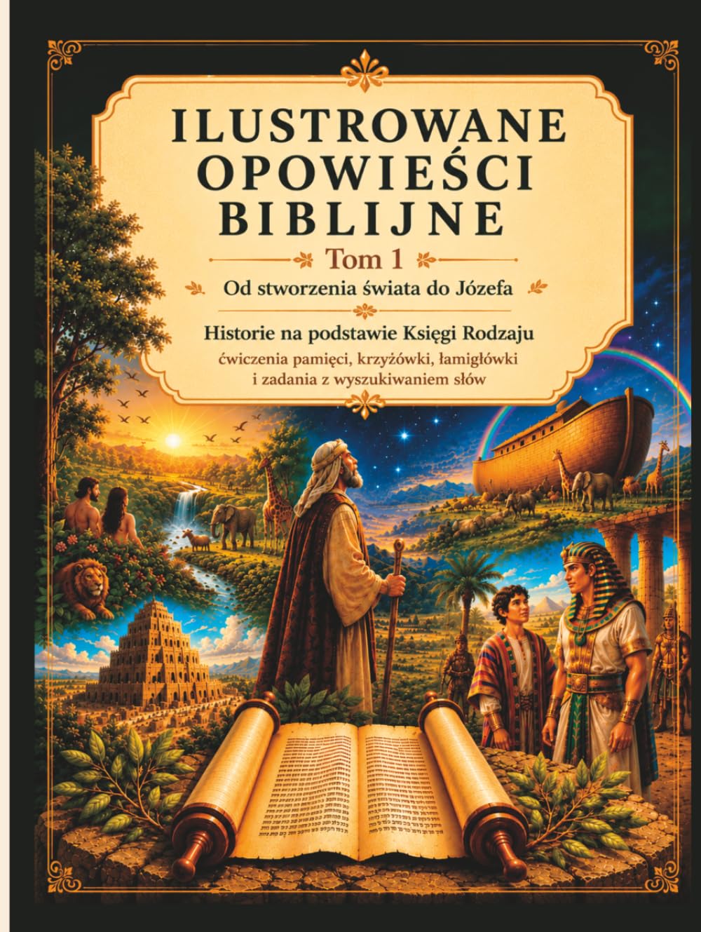 Ilustrowane opowieści biblijne – Tom 1 Od stworzenia świata do Józefa: Historie na podstawie Księgi Rodzaju – ćwiczenia pamięci, krzyżówki, łamigłówki i zadania z wyszukiwaniem słów