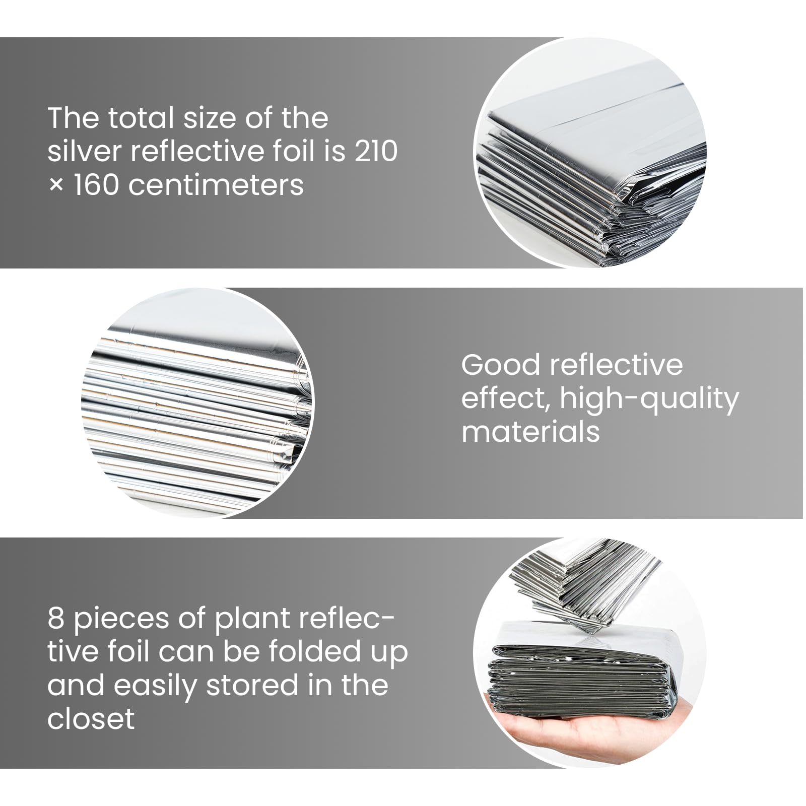 BAIFULAI 8 láminas reflectantes para plantas, película reflectante para plantas, película de Mylar, lámina reflectante plateada, 160 cm x 210 cm para plantas, espacio de crecimiento, camping, tienda