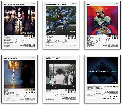 J.Cole - Póster de música en lienzo para pared, diseño limitado, juego de 6 pósteres para decoración de habitación de adolescentes, estilo retro,