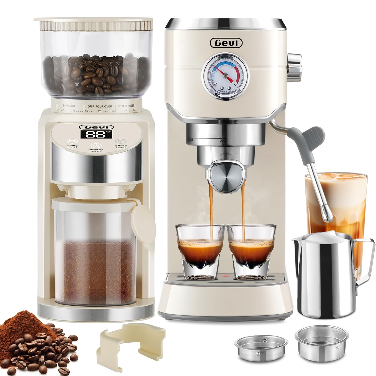 Gevi 20 Bar Espresso Coffee Machine with Burr Grinder Set | 35 Precise Grind Settings | Milk Frother for Latte Cappuccino | Professional Home Barista Kit | Gift for Coffee Lovers Ivory Beige