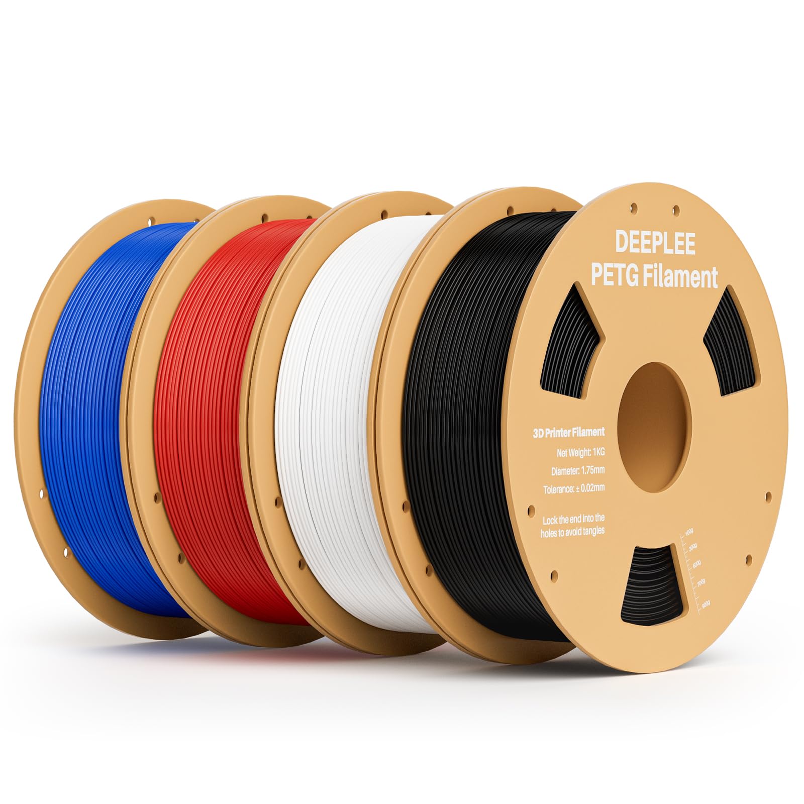 DEEPLEE Filamento PETG 1.75 mm, Kit 4 x 1 kg, Negro, Blanco, Rojo y Azul | Material de impresión 3D, Alta precisión ±0.02 mm, Compatible con la mayoría de impresoras FDM