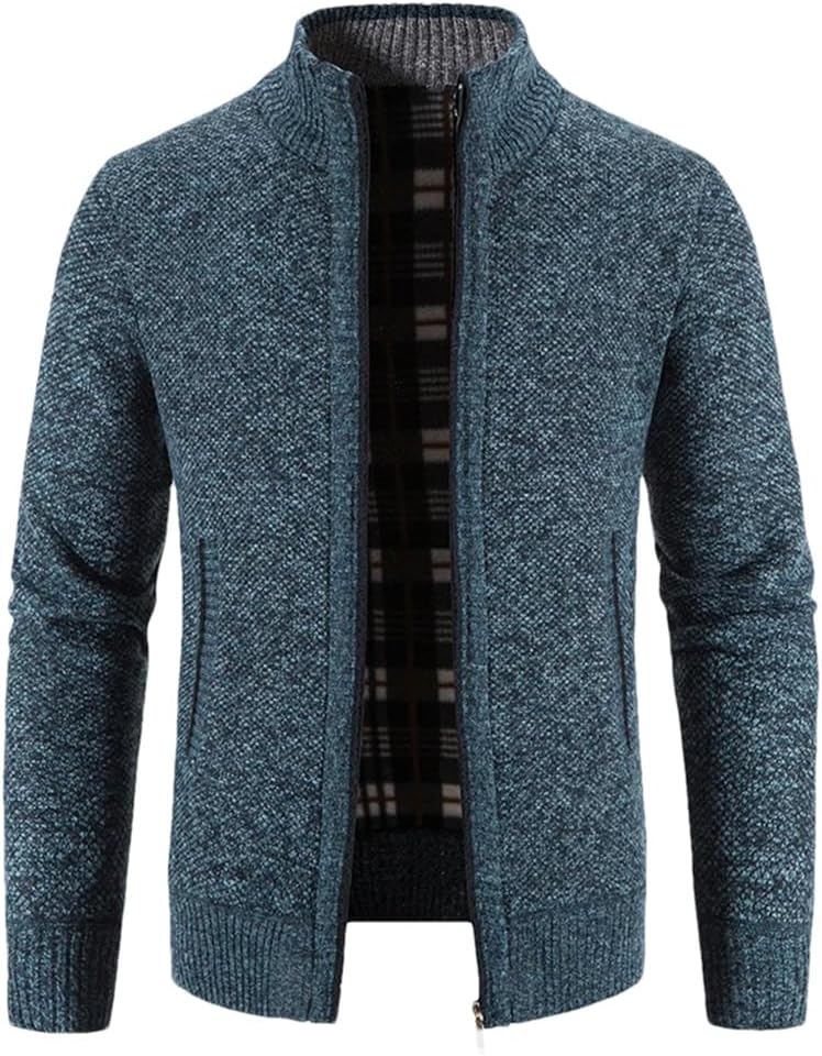 Men's Stand Up Collar Ribbed Knitted Cardigan Jacket Slim Fit Solid Color Zipper Fleece Jacket