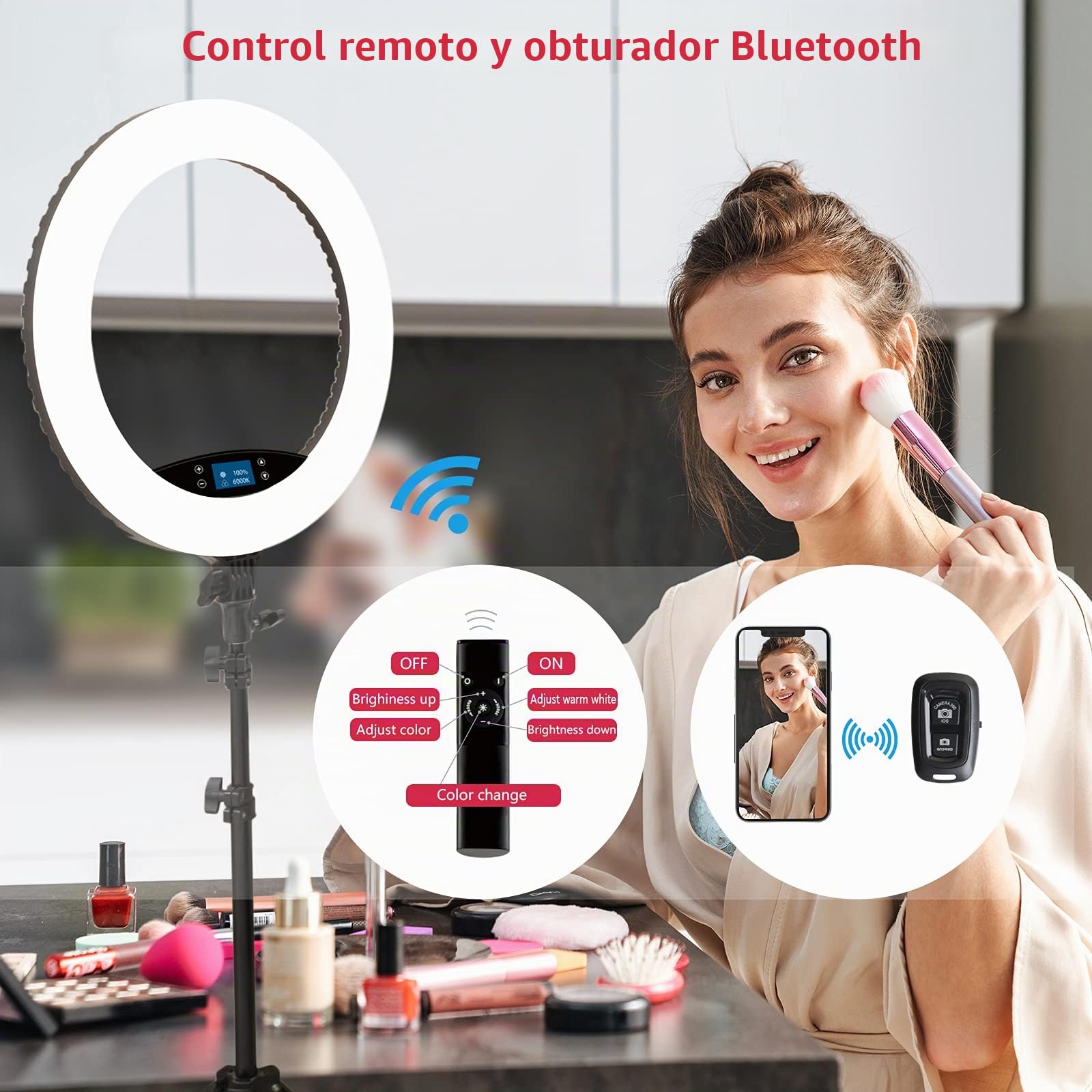 Anillo de luz LED de 19 Pulgadas con Soporte para trípode, Anillo de luz para Selfie, Pantalla táctil LCD, luz para Video Vlog de Retrato de Estudio con Bolsa de Transporte y Control Remoto, CRI>97
