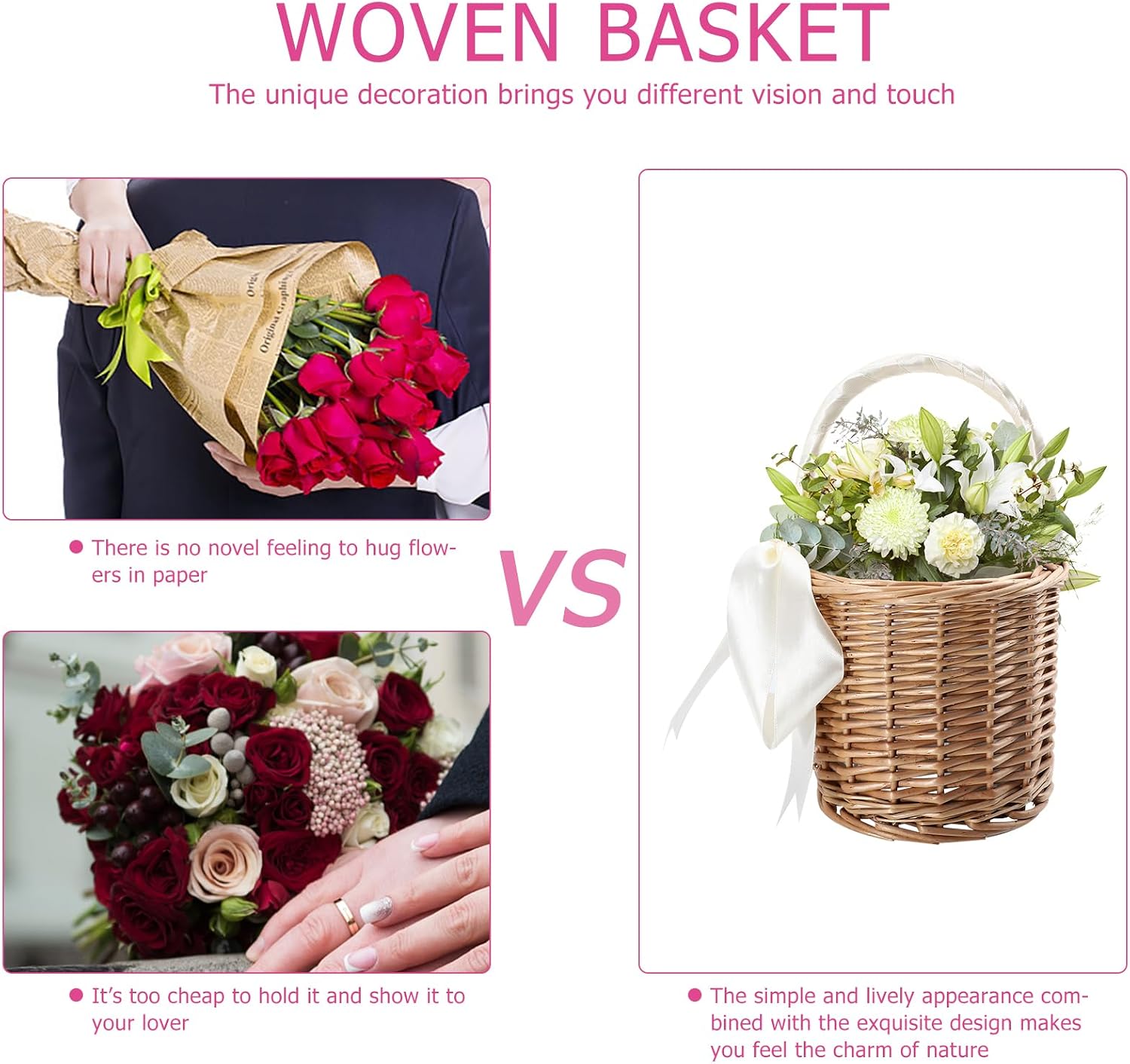 Angoily Fresh Style Handbag Rattan Flower Basket Handwoven Candy Wine Basket with Handles Flower Arrangement Container for Home Kitchen Black Wedding Girl (White)
